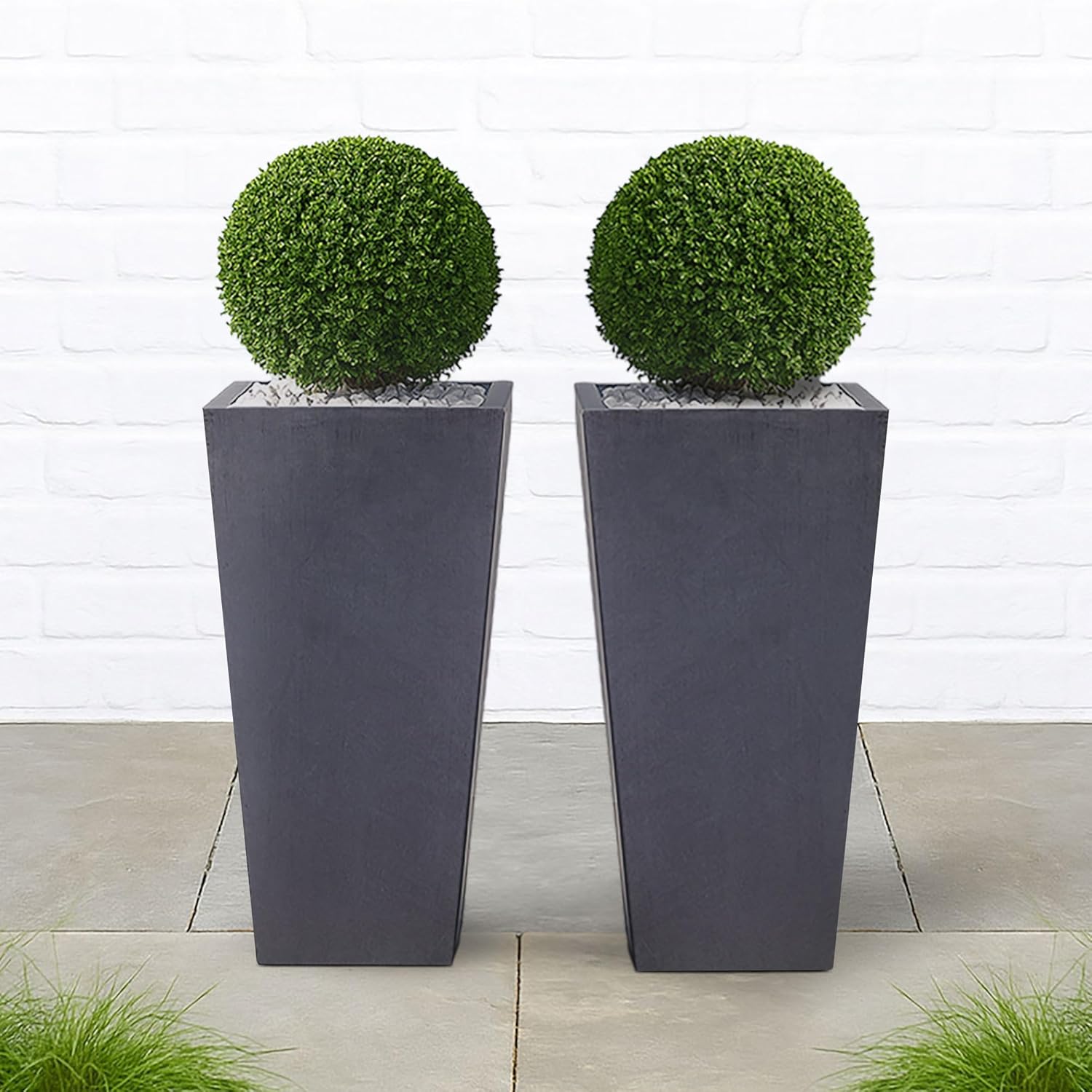 38.5cm Tall Planters Set 2 Dark Grey Stone Effect Square Pots