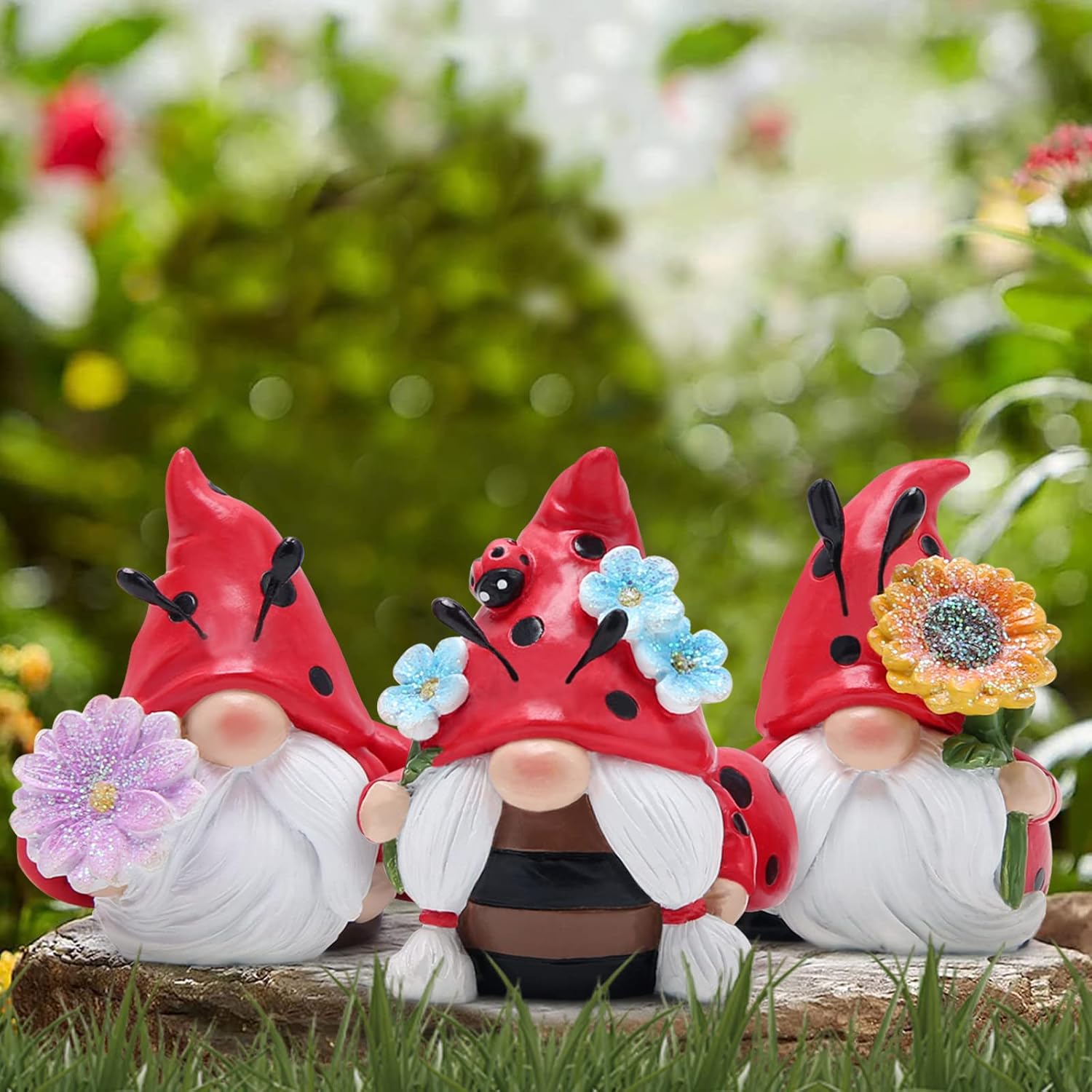 3PCS Ladybird Garden Gnome Set Resin Outdoor Ornaments Flower Decor