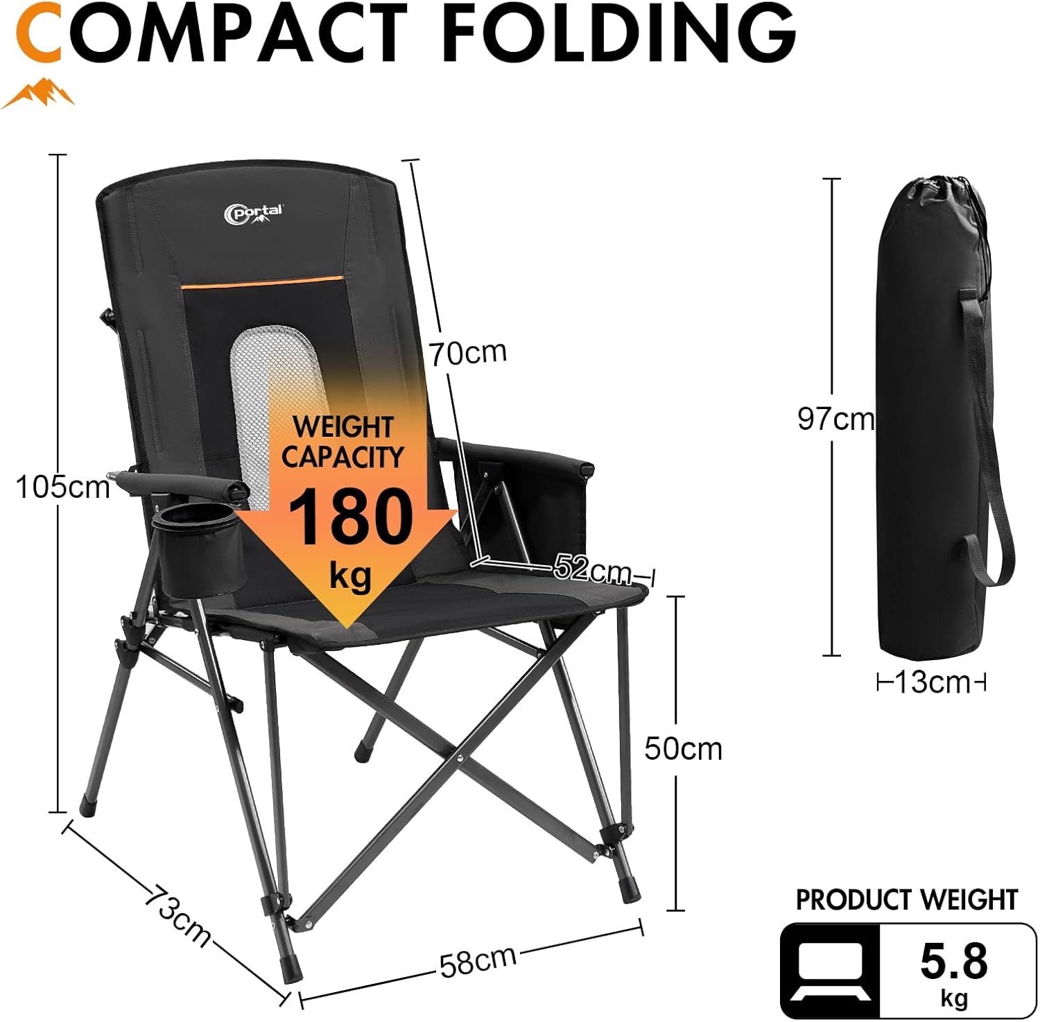 High Back Folding Camping Chair 180kg Heavy Duty Black