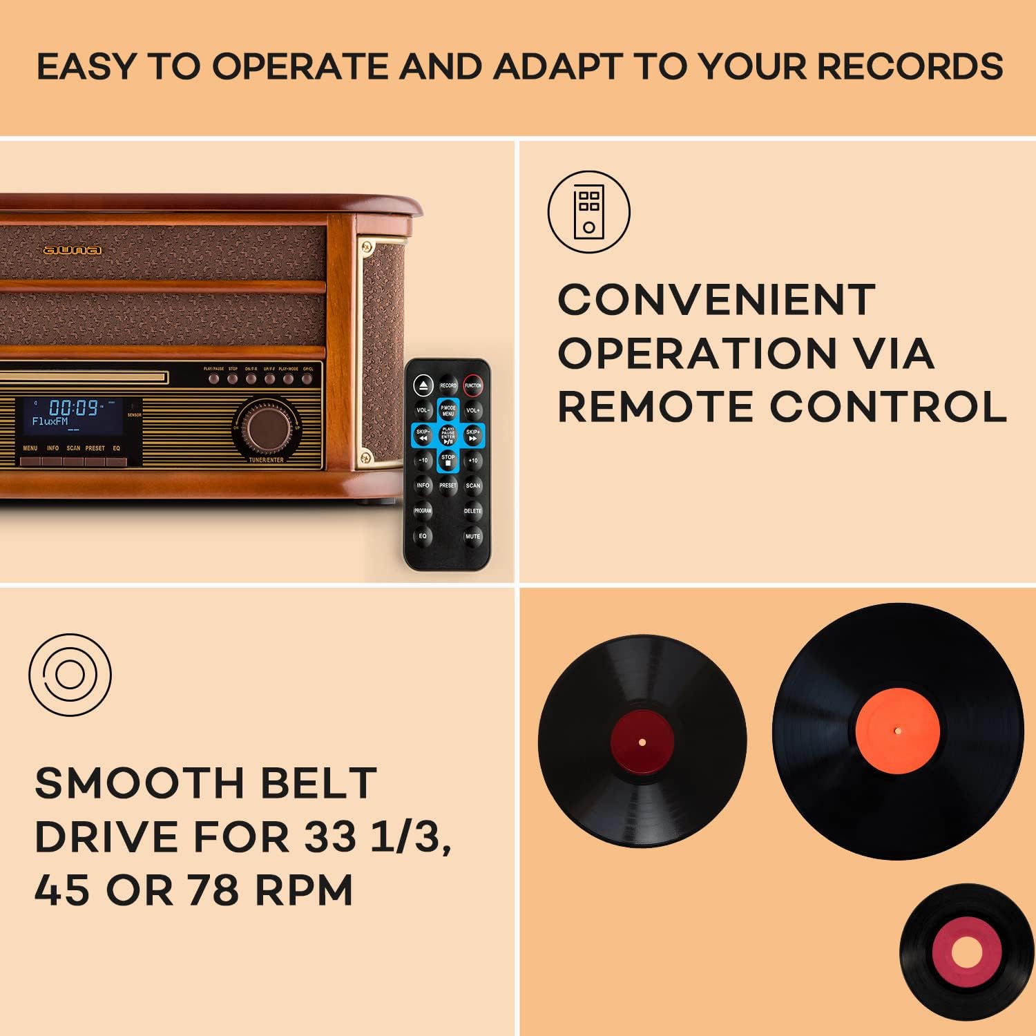 Retro Record Player Bluetooth CD Cassette Radio Brown