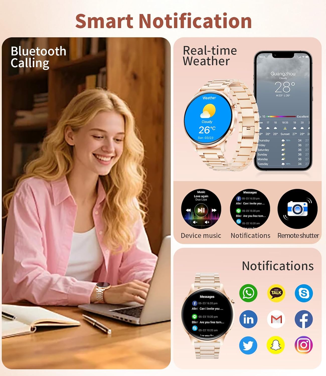 Womens AMOLED Smart Watch Rose Gold Bluetooth Call