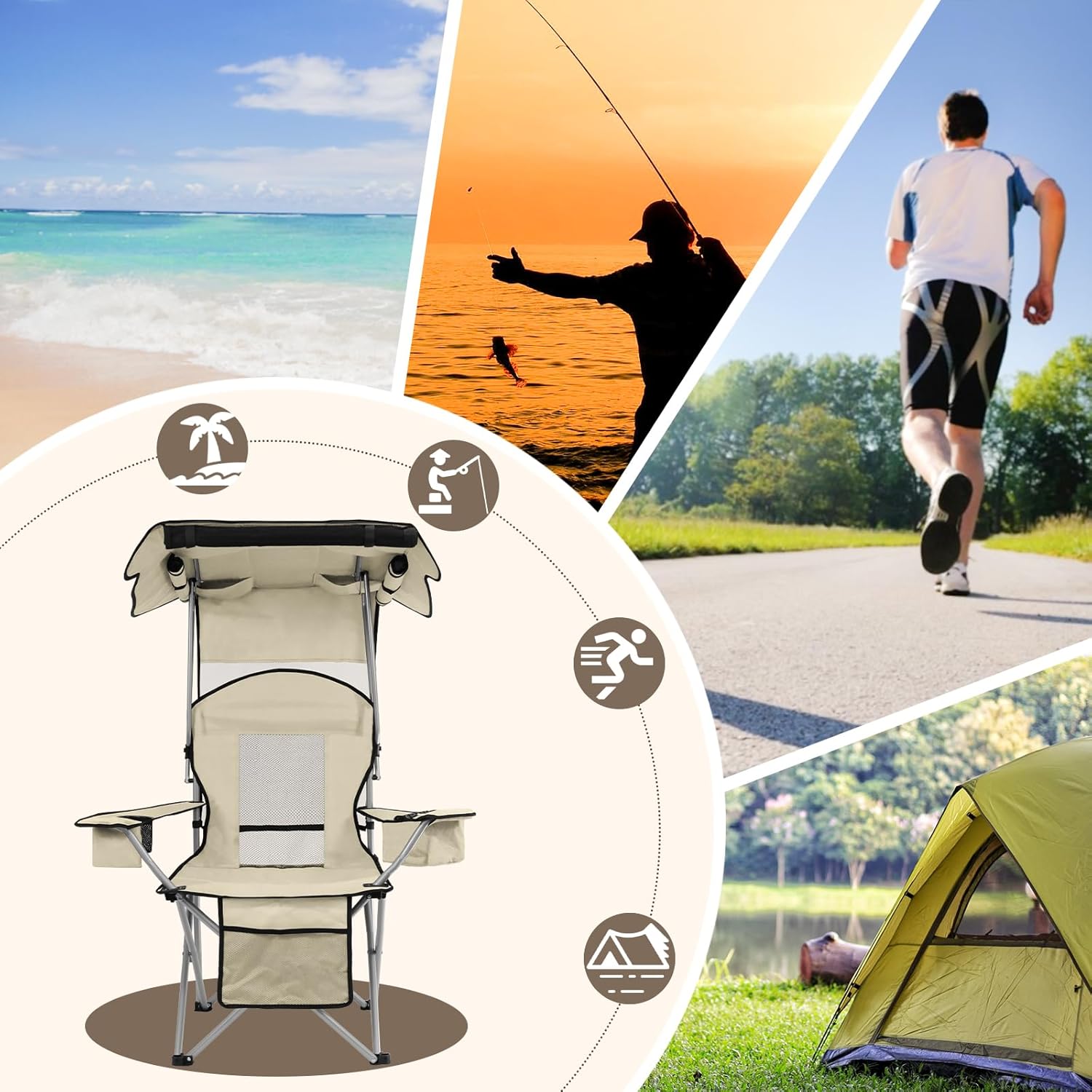 Camping Chair with Canopy Cooler Cup Holder White