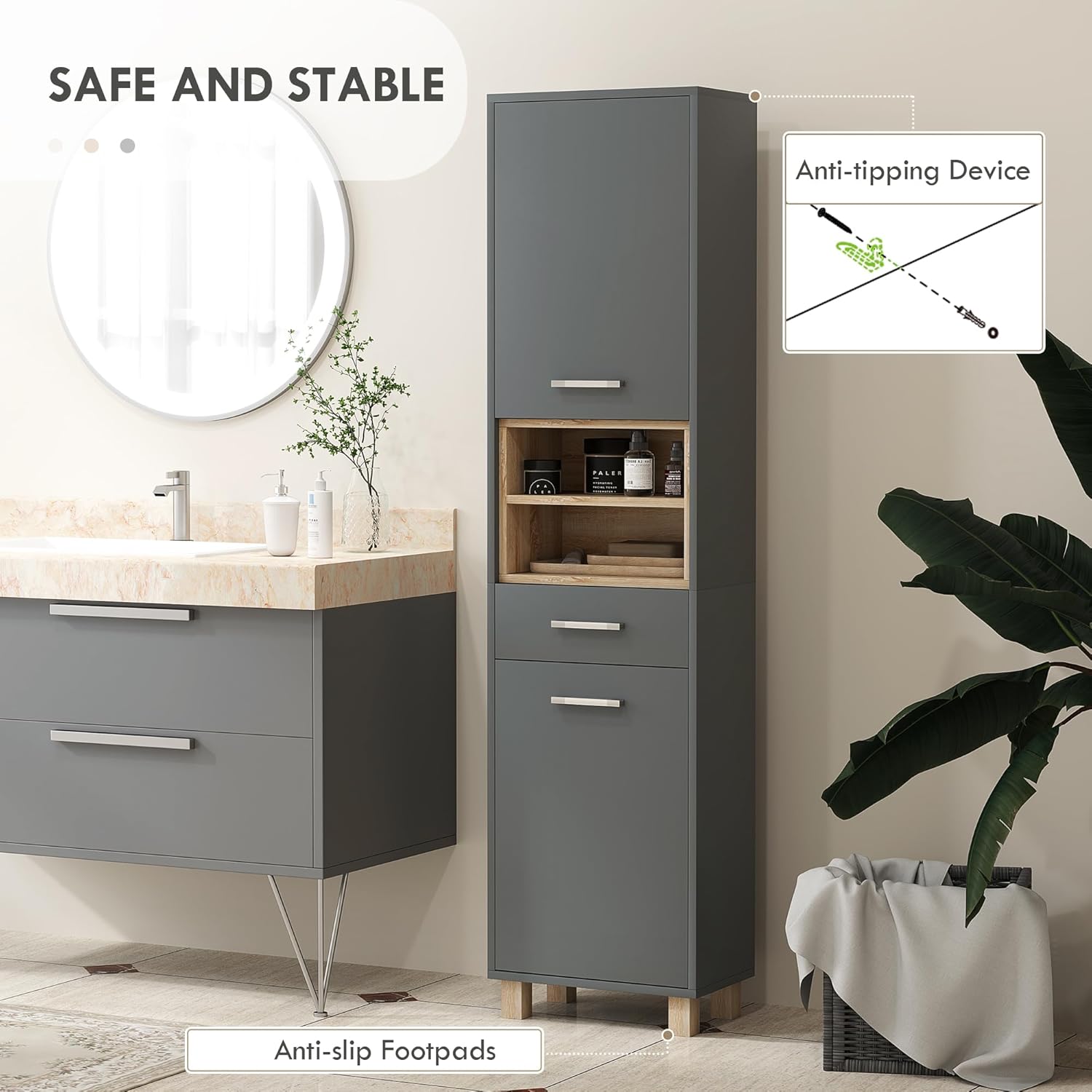 Tall Bathroom Storage Cabinet Grey Freestanding Shelves Drawer Unit