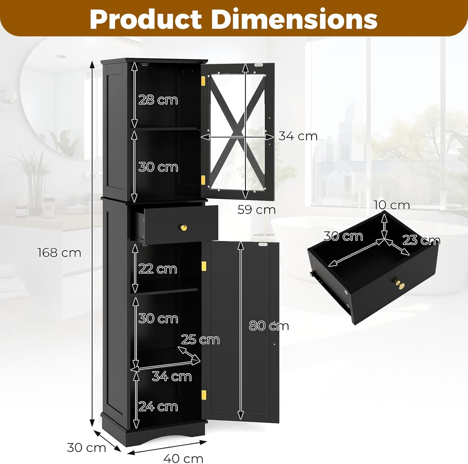 Tall Slim Storage Cabinet Black Glass Door Drawer Unit