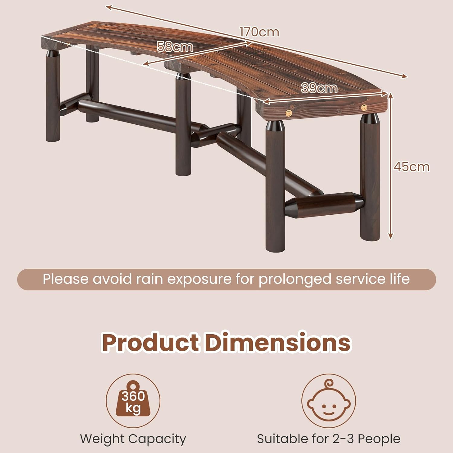 Curved Wooden Garden Bench 170cm Outdoor Patio Park Bench Seat 3 Seater