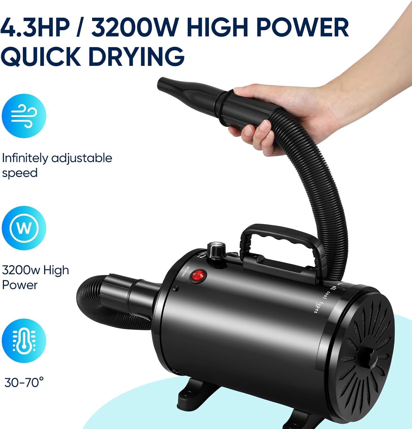 Professional Dog Hair Dryer 3200W Pet Blaster 4 Nozzles Quiet