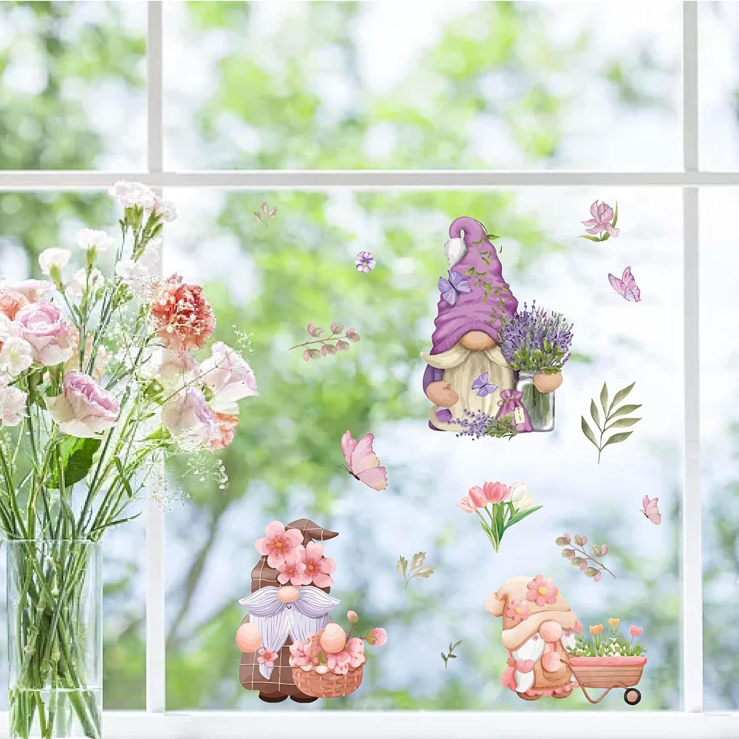 Gnome Window Stickers Floral Reusable Waterproof PVC Wall Decals 8pcs