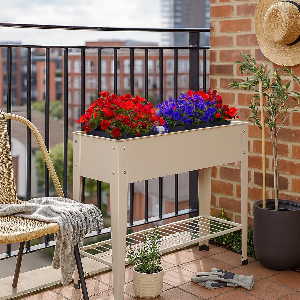 Raised Garden Bed with Legs Shelf Metal Planter Ivory 95cm