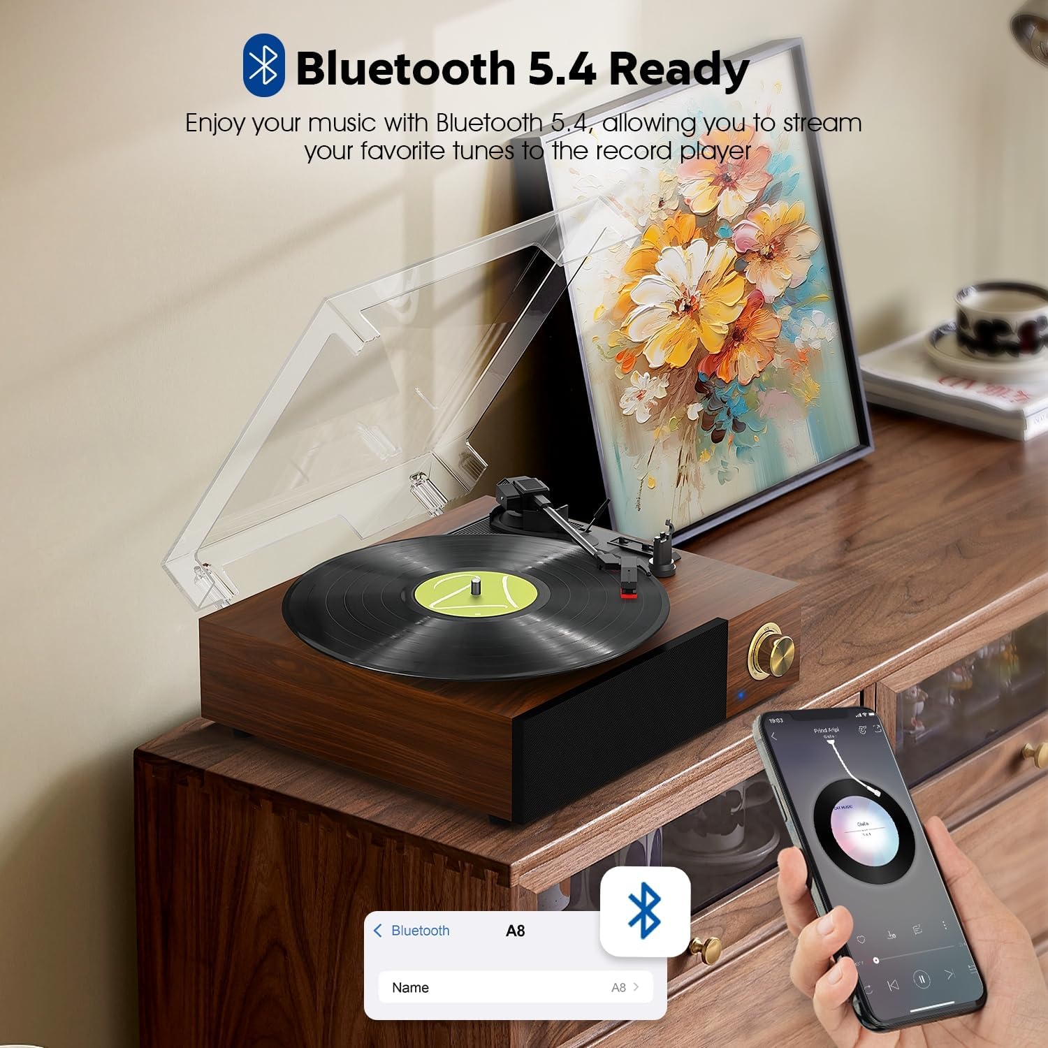 Bluetooth Vinyl Record Player 3 Speed Built In Speakers Walnut