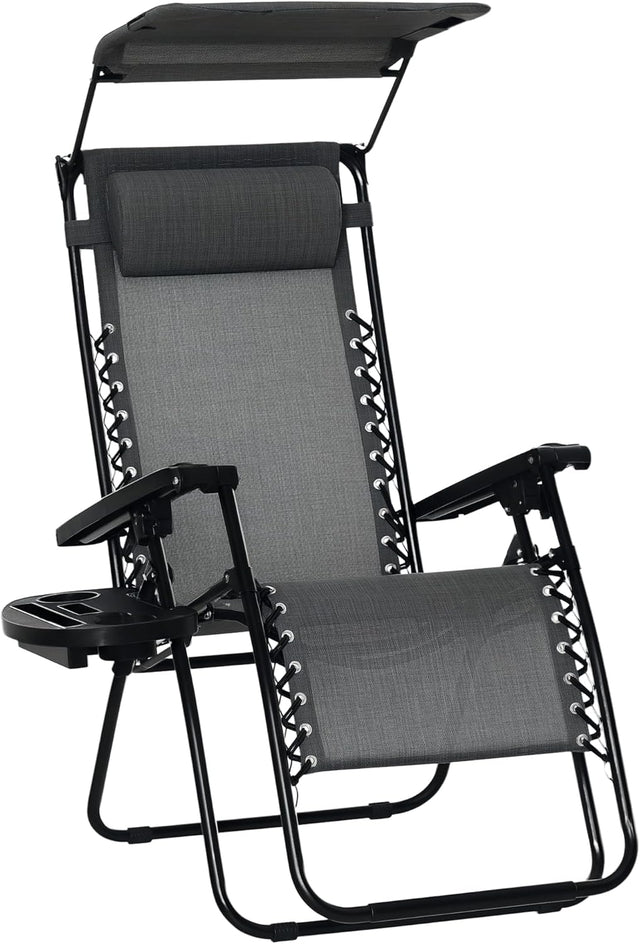 Zero Gravity Reclining Garden Chair with Canopy Cup Holder Grey