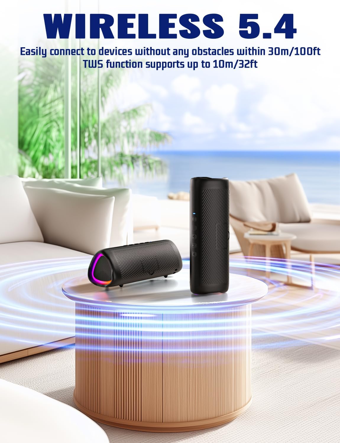 Portable Bluetooth Speaker 30W RGB Lights IPX7 Bass 24H