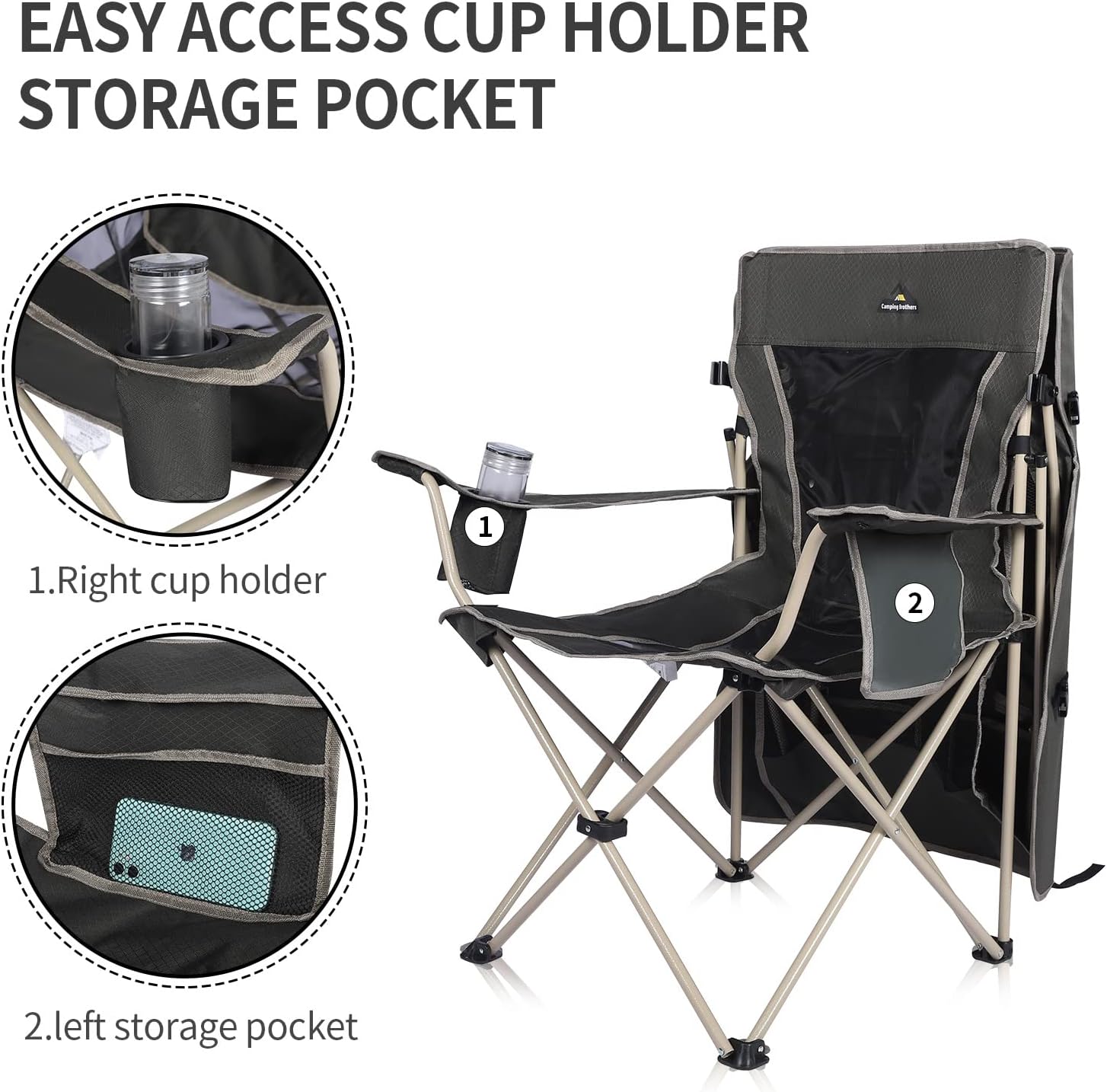 Camping Chair with Adjustable Canopy Shade Cup Holder Green