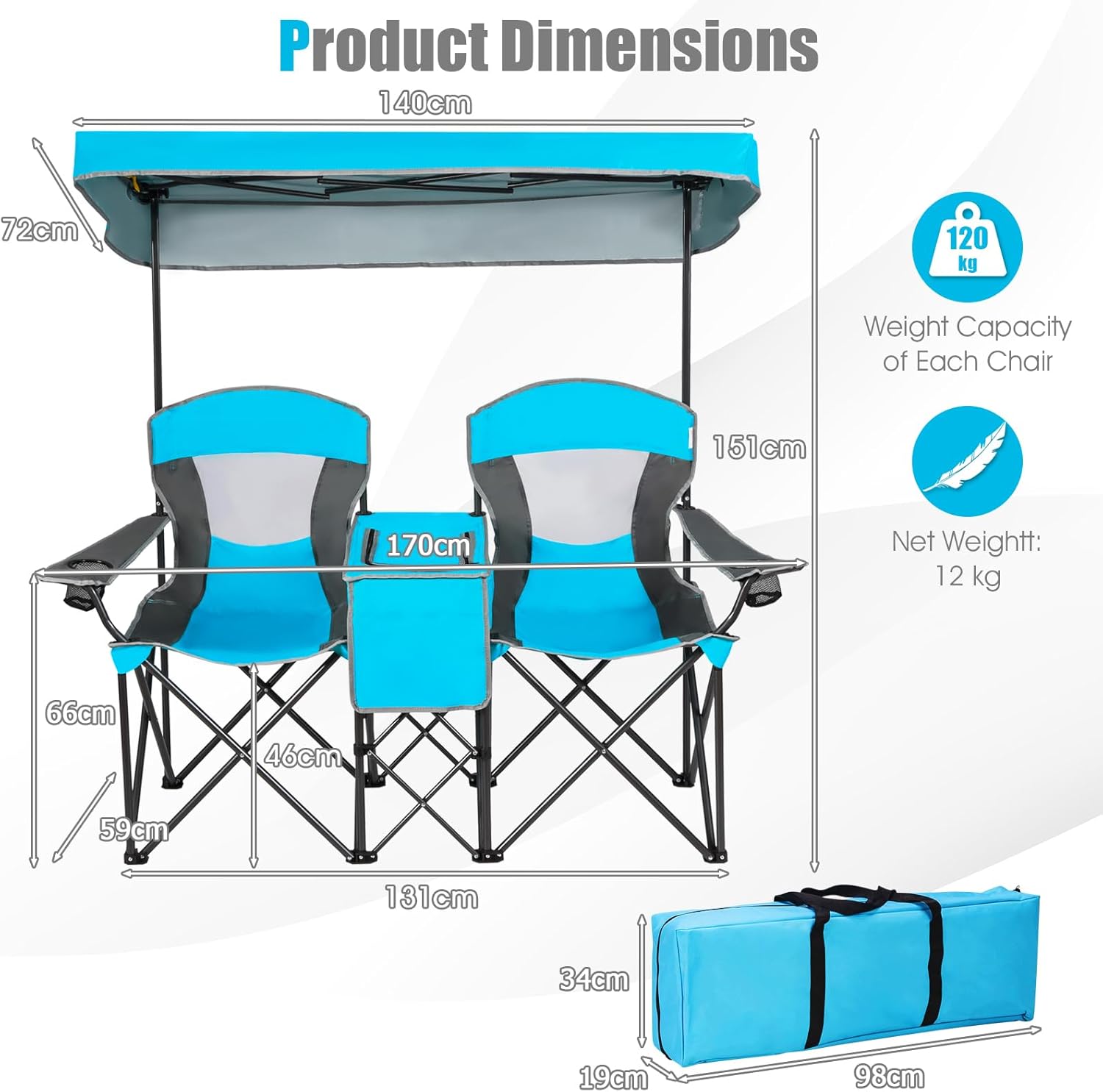 Double Camping Chair with Canopy Cooler Bag Cup Holders Blue