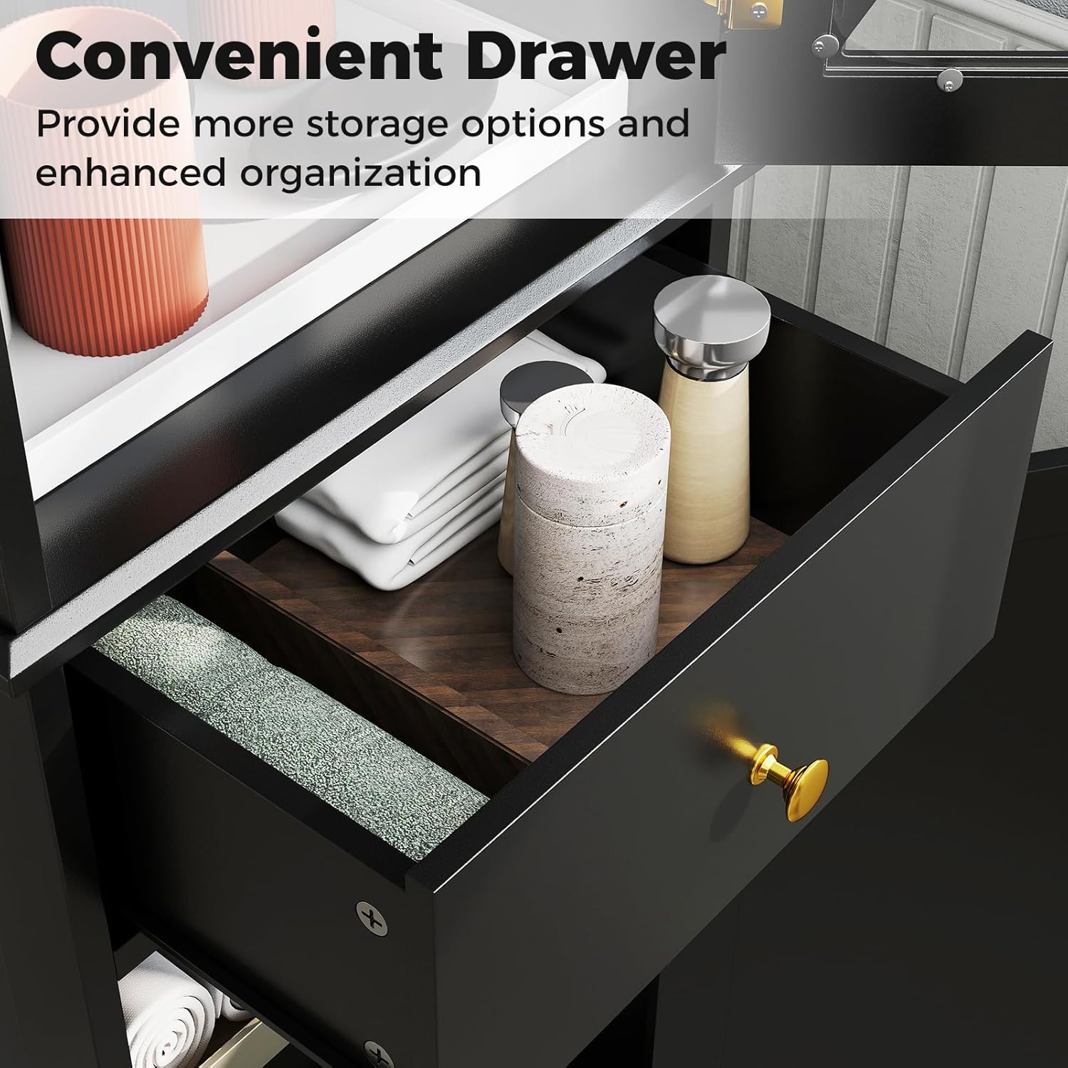 Slim Bathroom Tall Cabinet Drawer 2 Door Shelf Unit Black