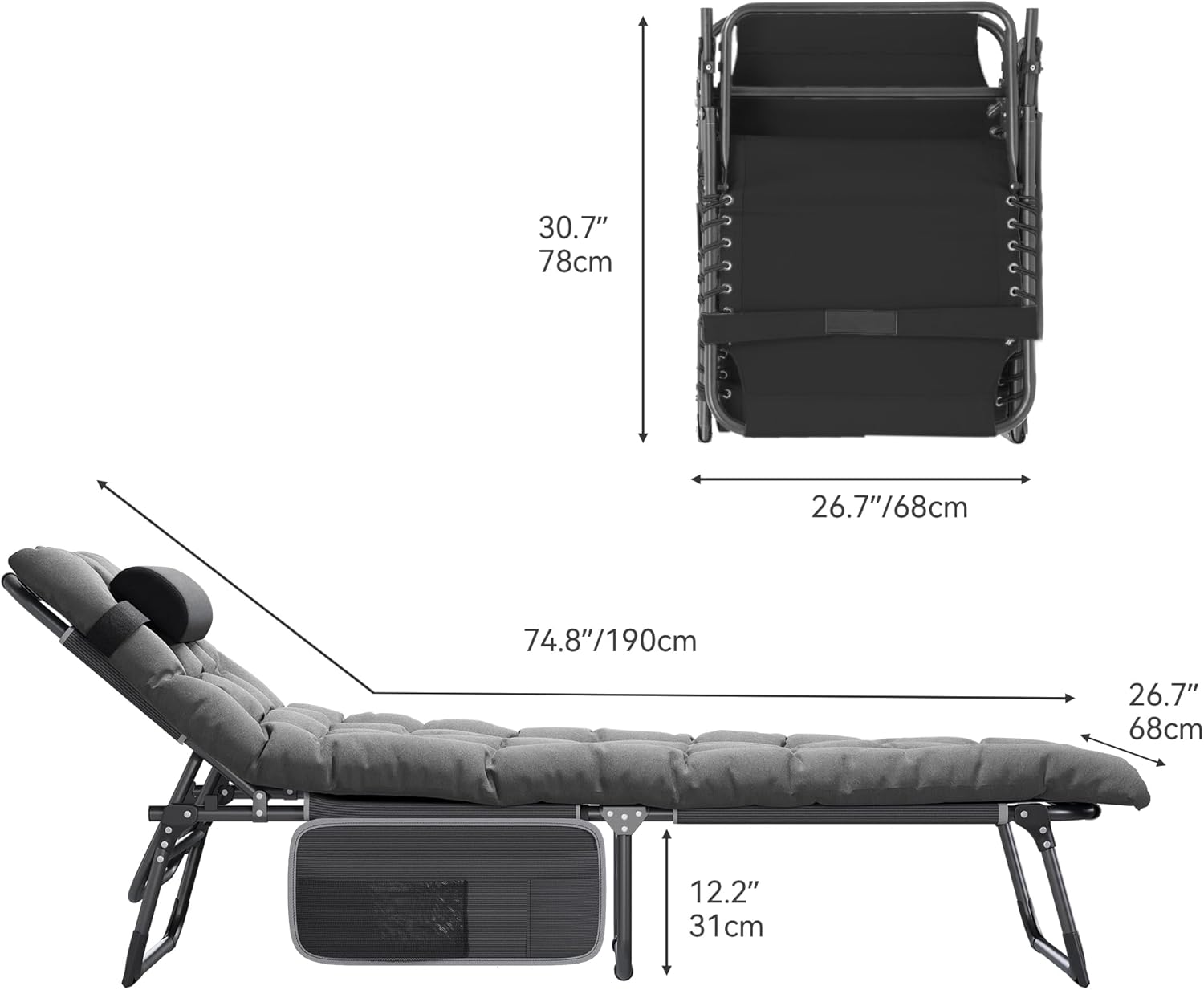 Folding Reclining Sun Lounger Bed with Cushion Grey