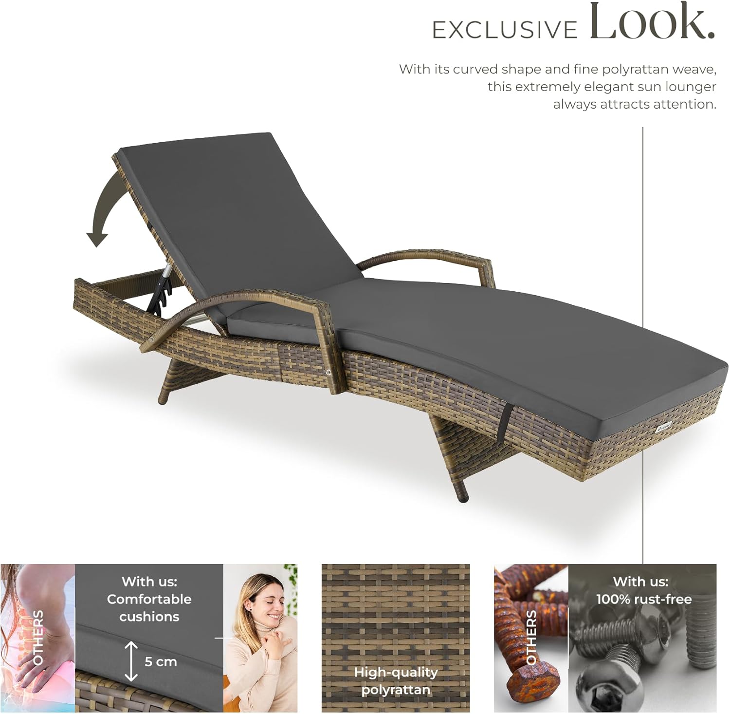 Rattan Sun Lounger 5 Position Recliner Cushion Nature