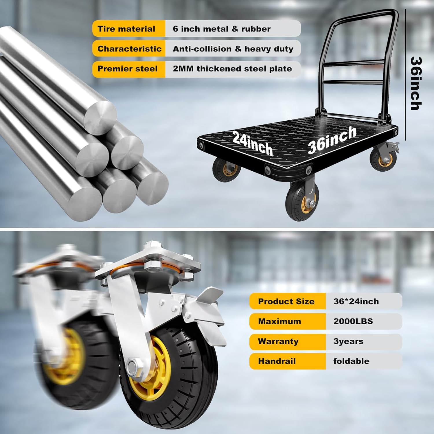2000lbs Heavy Duty Platform Truck Flat Cart Steel Push Dolly Brake