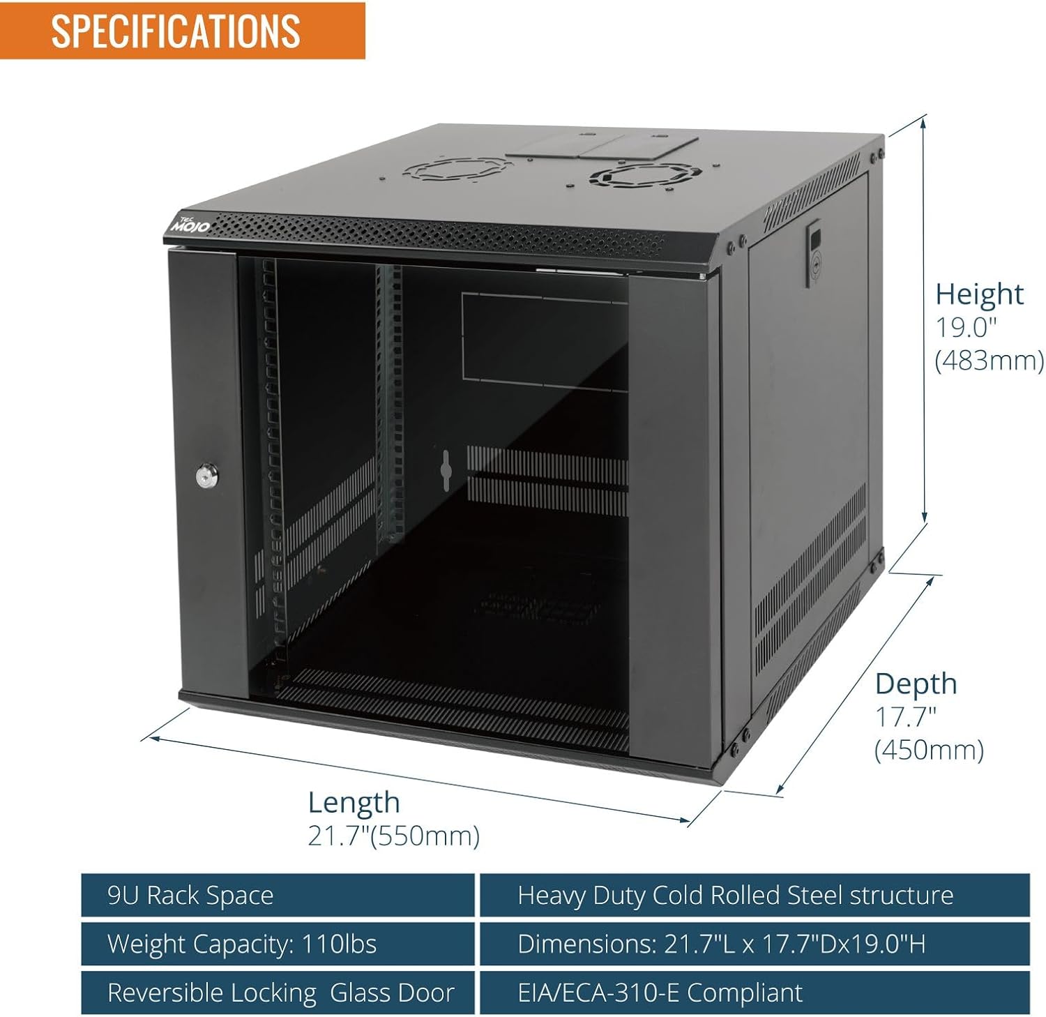 9U Wall Mount Server Cabinet 450mm Glass Door Black