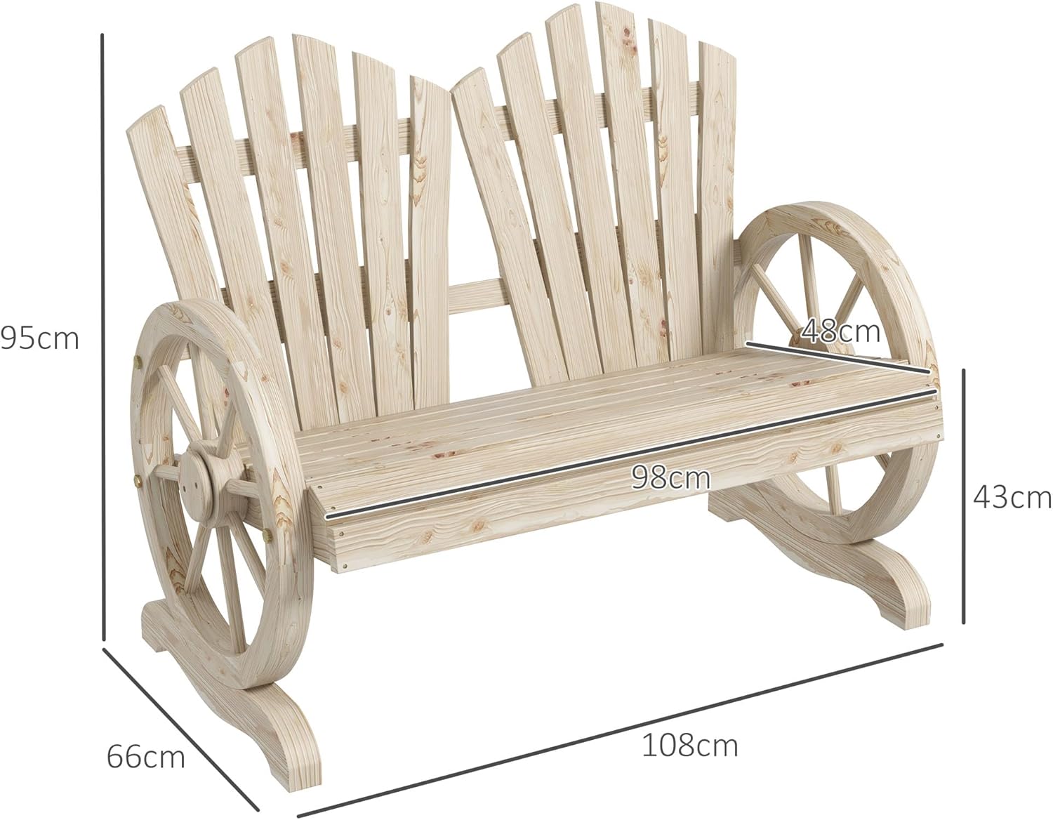 Adirondack 2 Seater Wooden Garden Bench Wagon Wheel Arms