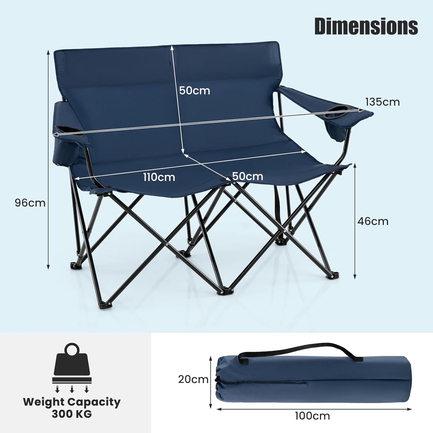 Double Camping Loveseat Chair 300KG Foldable Blue