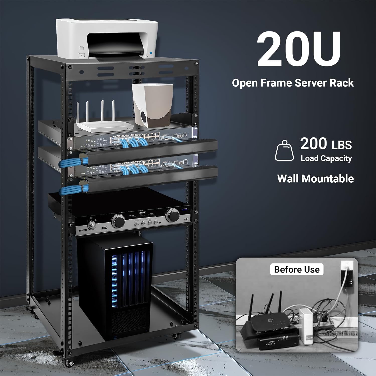 20U Open Frame Server Rack with Wheels 2 Shelves