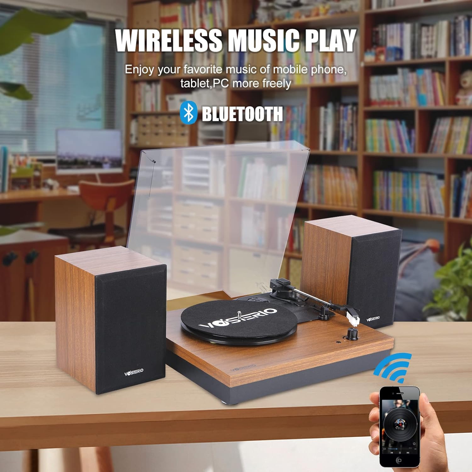 Bluetooth Record Player 3 Speed Turntable 30W Speakers Walnut