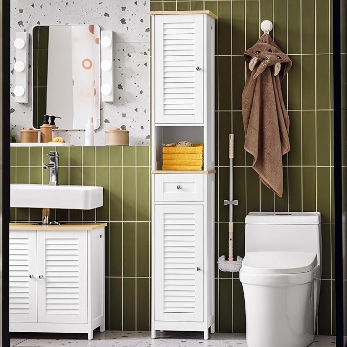 Slim Tall Bathroom Cabinet White Natural Louver Storage
