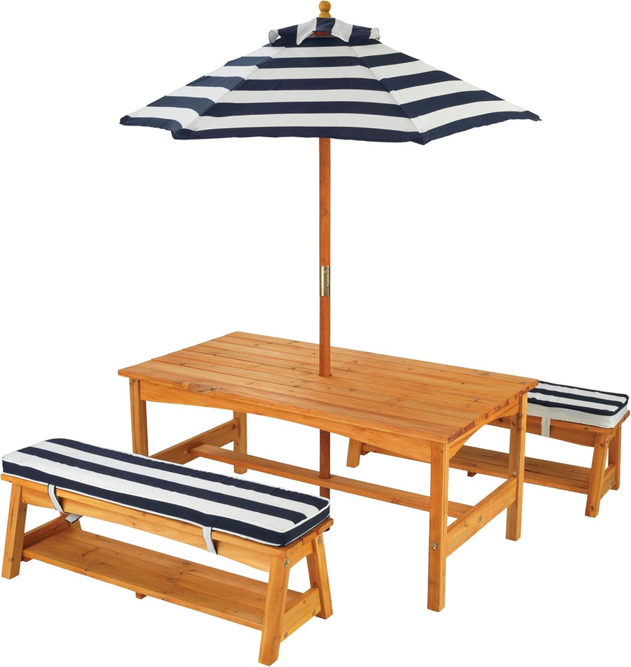 Kids Wooden Garden Table & Bench Set w/Cushions Parasol