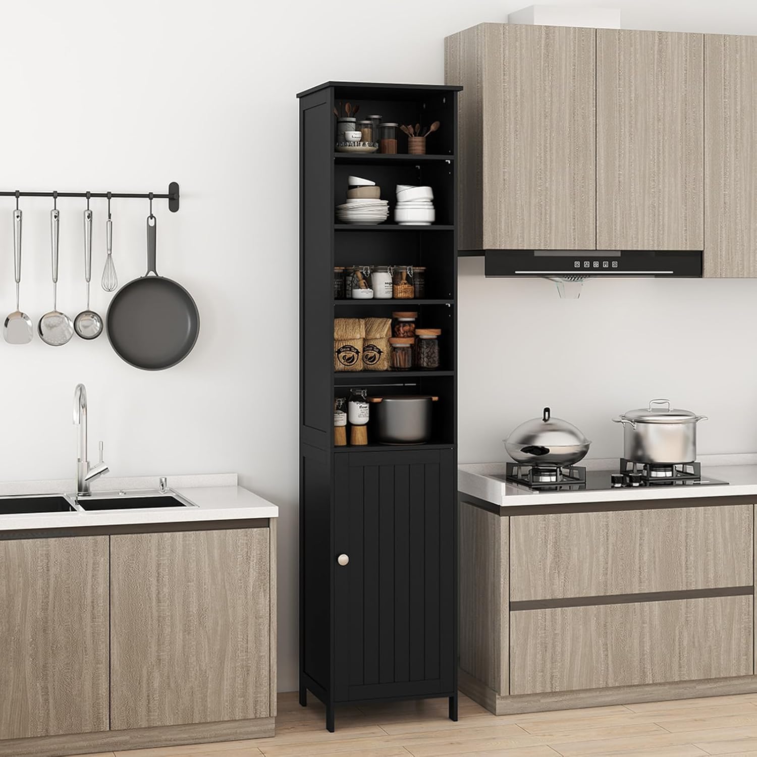 Tall Bathroom Storage Cabinet Black Adjustable Shelf Unit