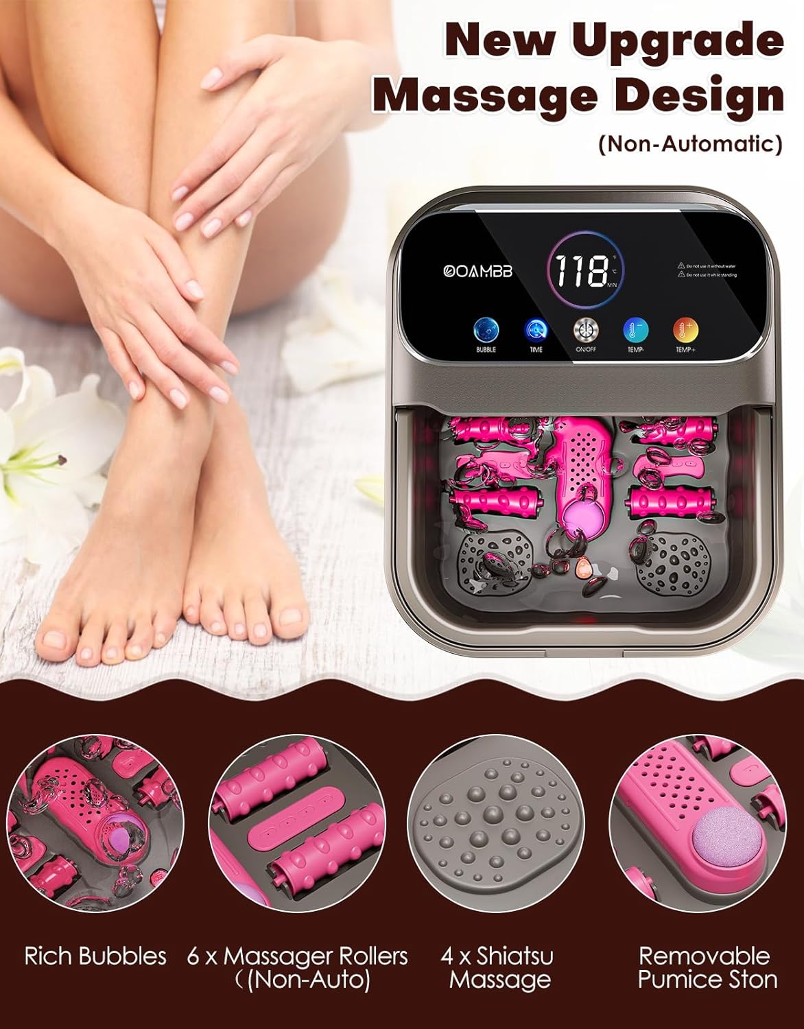Foldable Foot Spa Bath Heat Bubble Remote Touch Screen Rollers