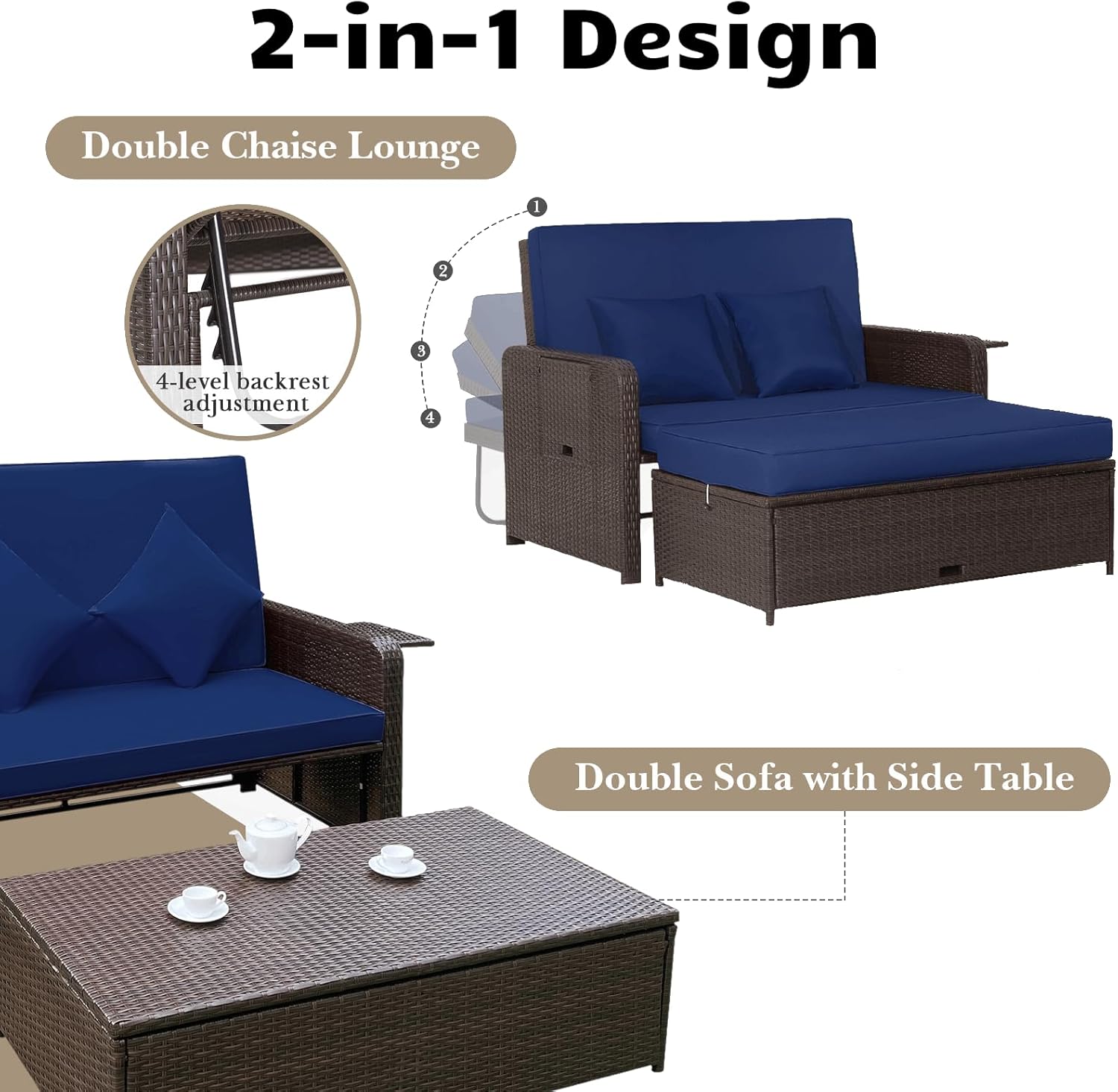 Double Rattan Daybed Sun Lounger Storage Ottoman Navy Blue