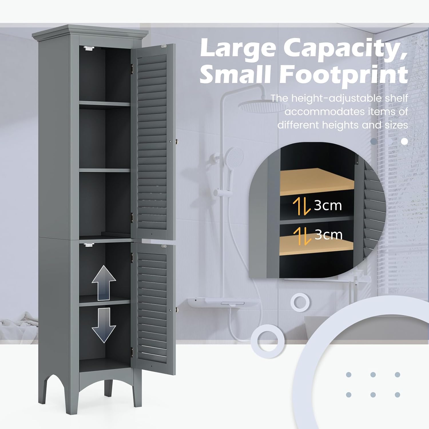 Grey Tall Bathroom Cabinet 5 Tier Double Door Storage