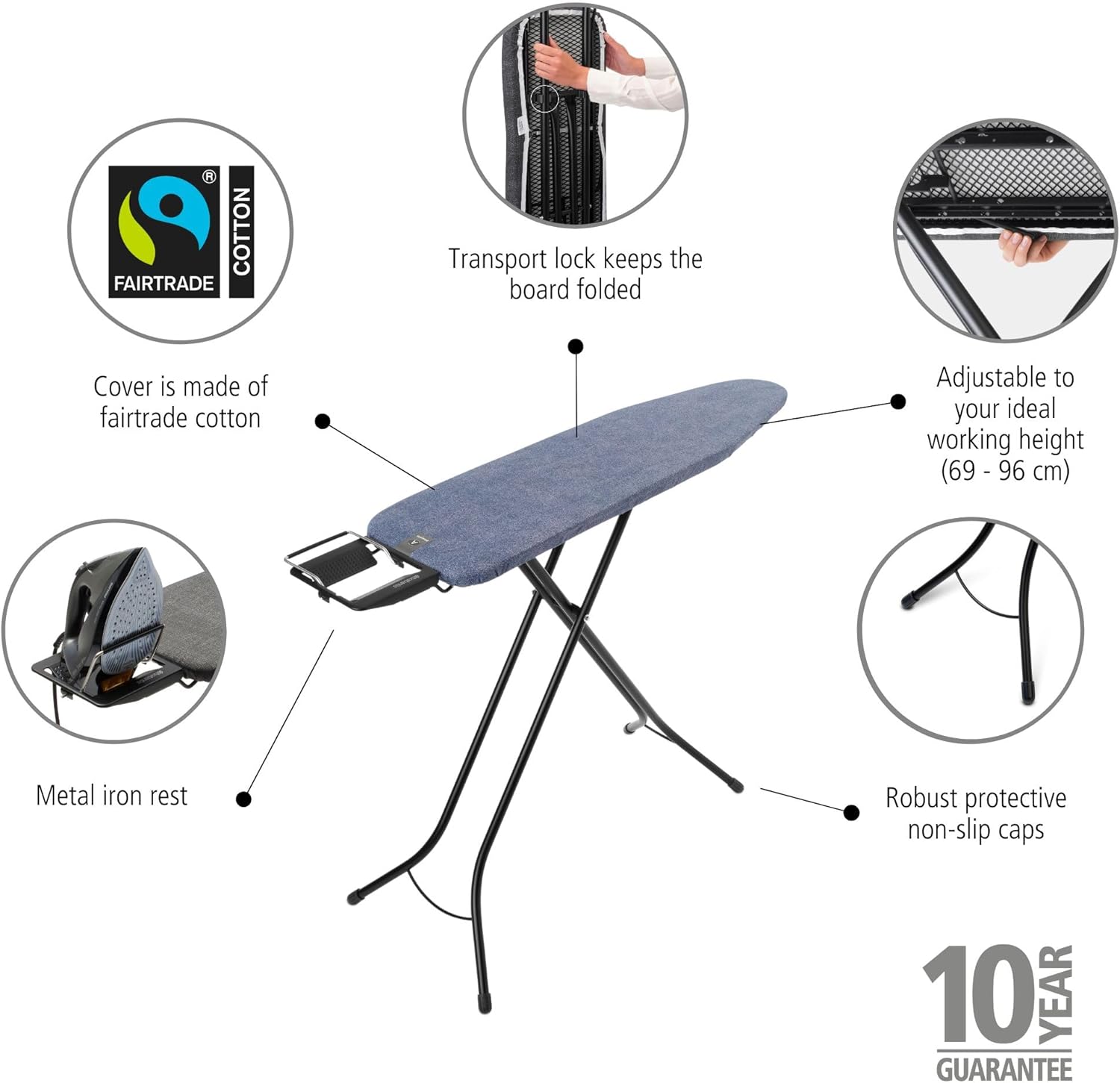 Foldable Ironing Board 110x30cm Adjustable Height w/ Steam Iron Rest