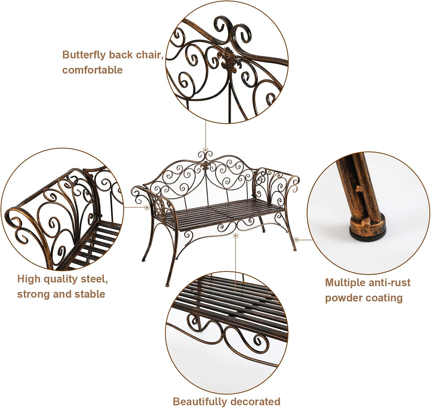 2 Seater Metal Garden Bench Decorative Cast Iron Patio Seat