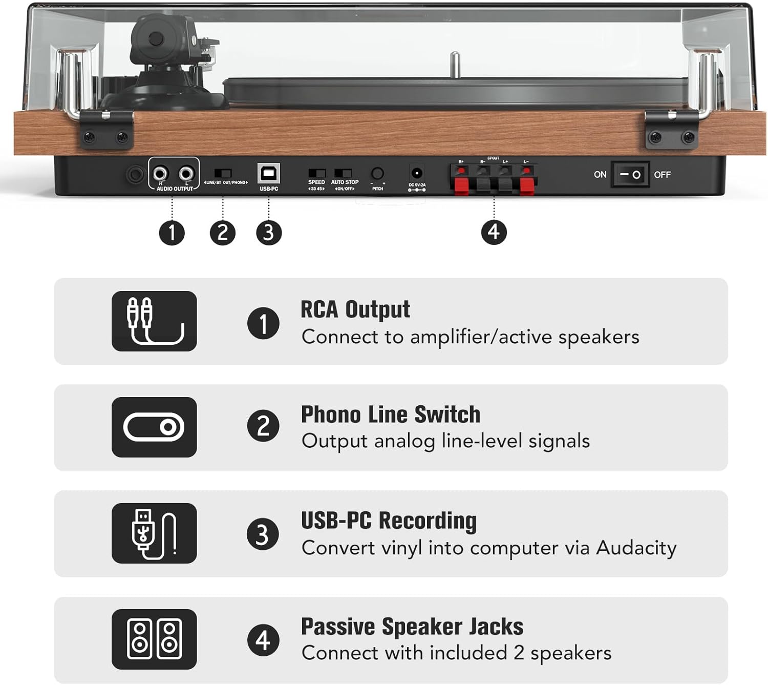 Bluetooth Turntable Hi-Fi System with 40W Speakers, Belt-Drive Vinyl Player