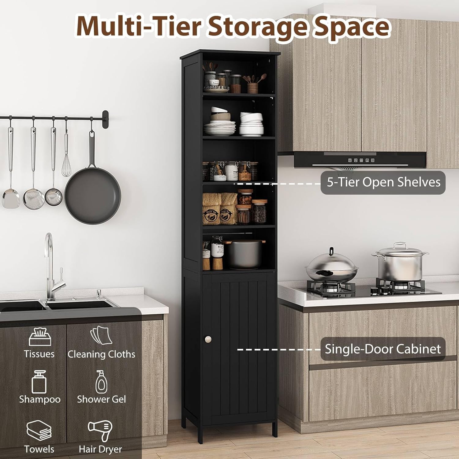 Tall Bathroom Storage Cabinet Shelf Cupboard Black