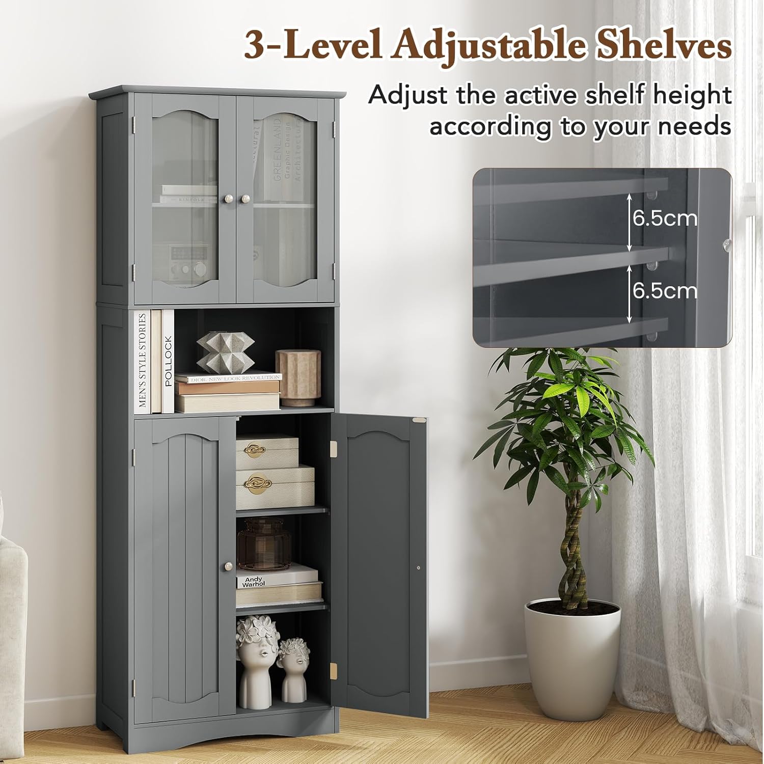 Tall Bathroom Storage Cabinet Glass Door Shelf Unit Grey