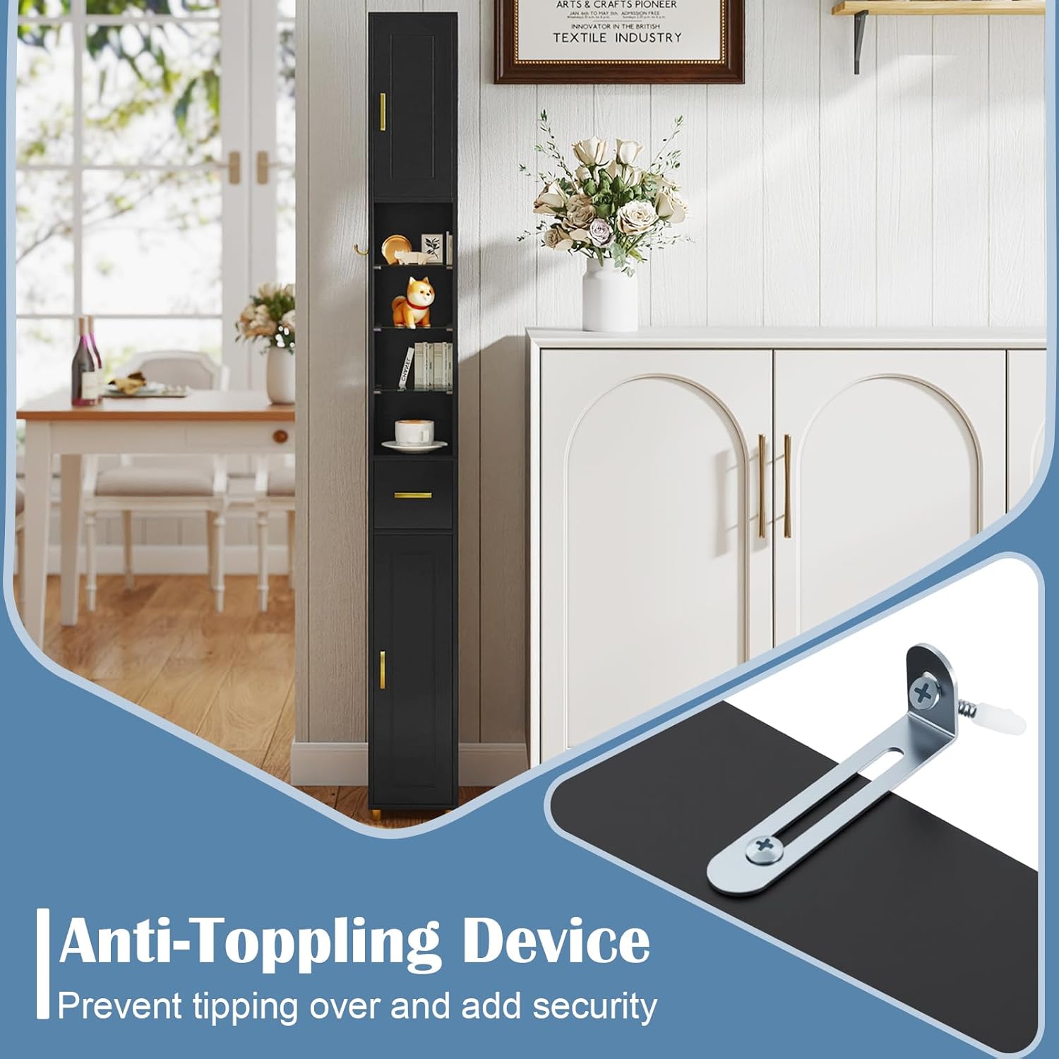 Tall Slim Bathroom Cabinet LED Light Drawer Shelves Black 180cm