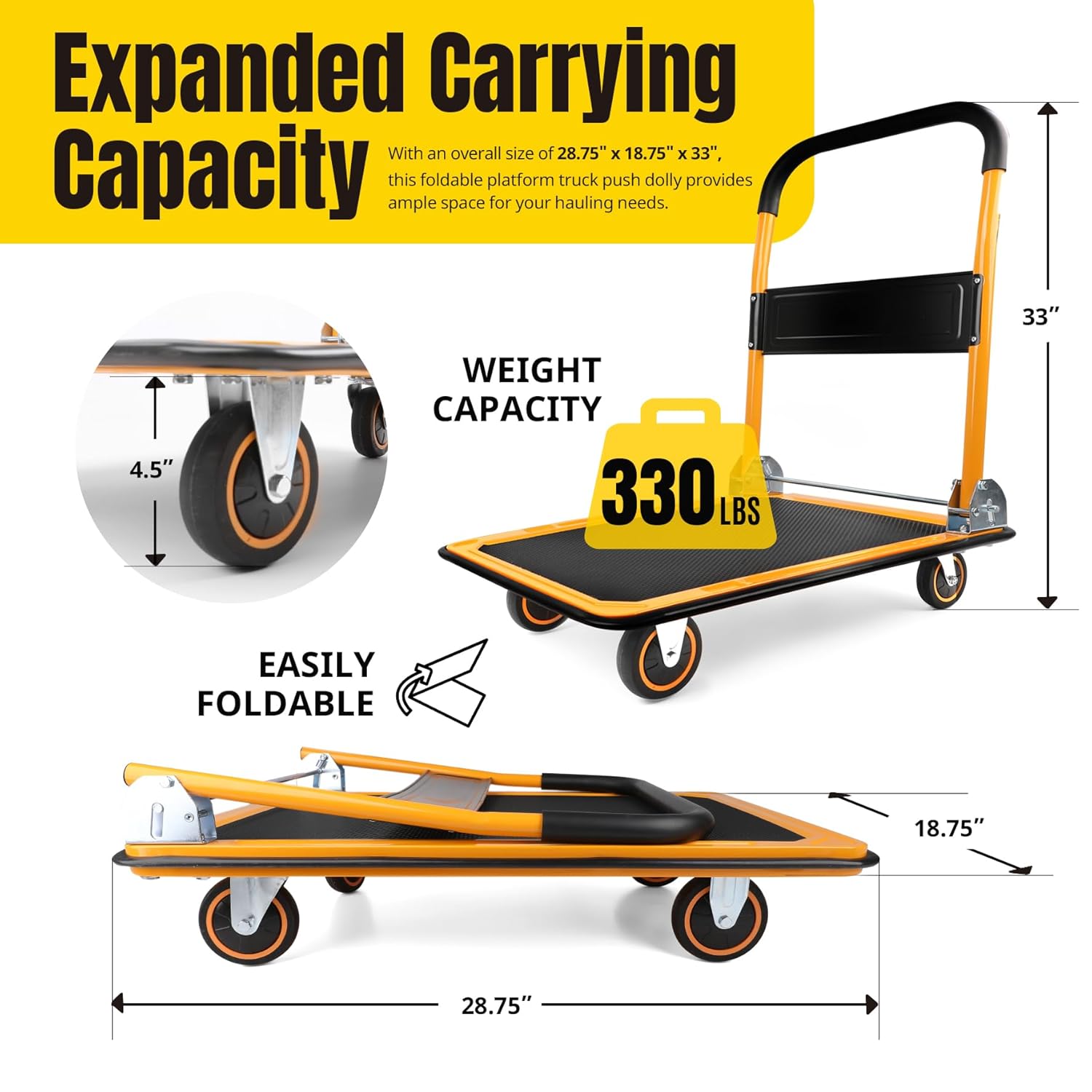 Foldable Platform Push Dolly 150KG Cart Black Yellow