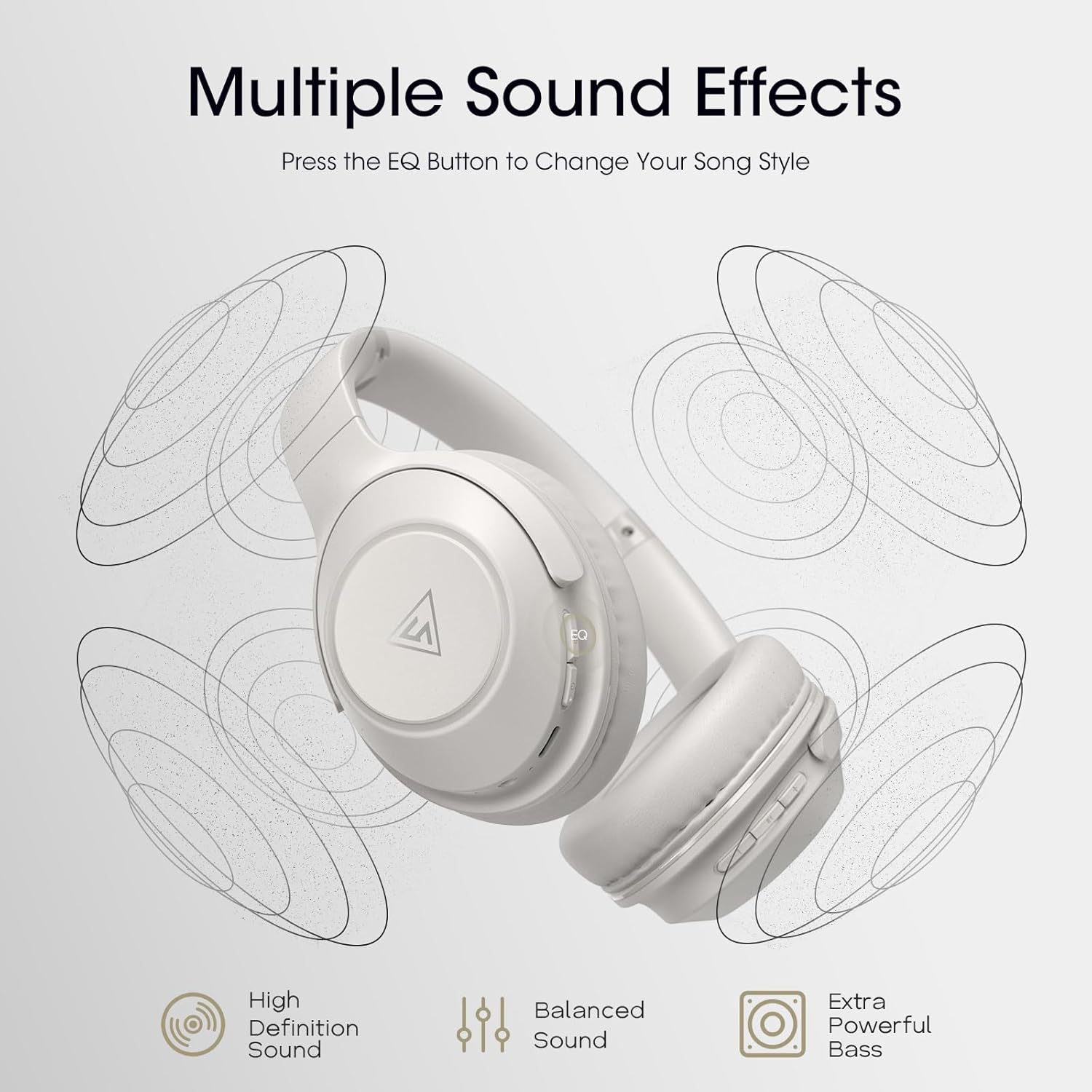 Wireless Bluetooth Over Ear Headphones 70 Hour Battery 3 EQ Light Grey