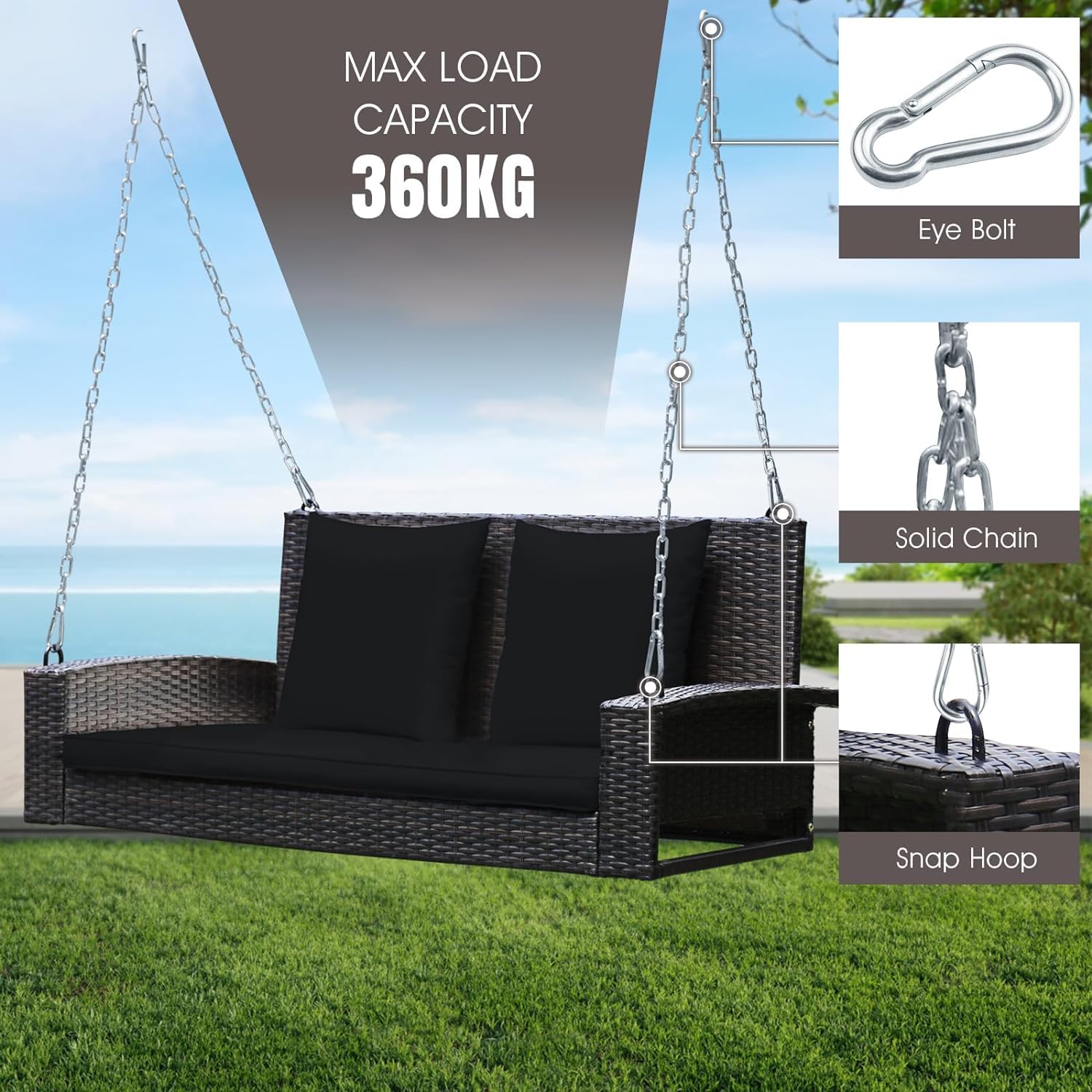 2 Seater Rattan Garden Swing Chair Set Black Stand