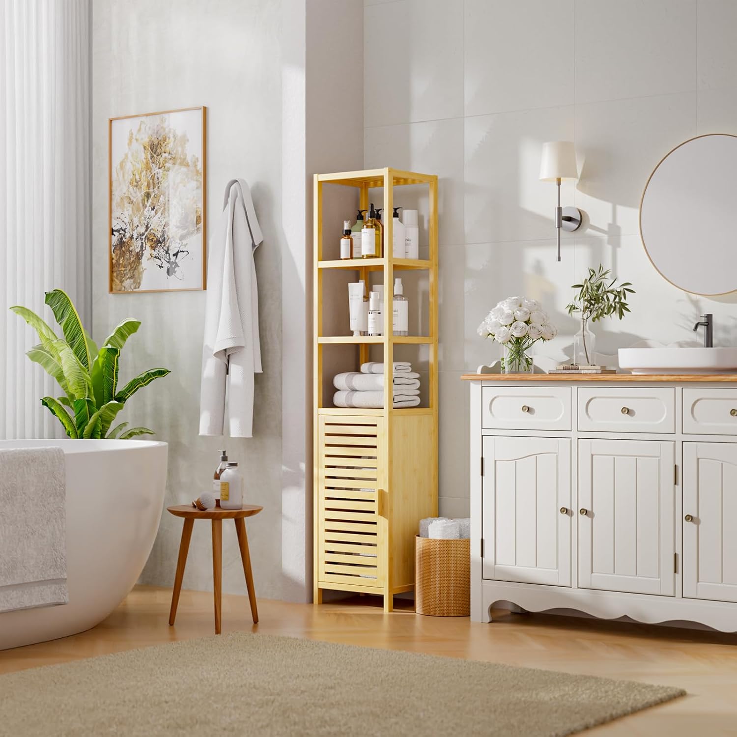 Bamboo Tall Storage Cabinet Natural Shelf Door Unit