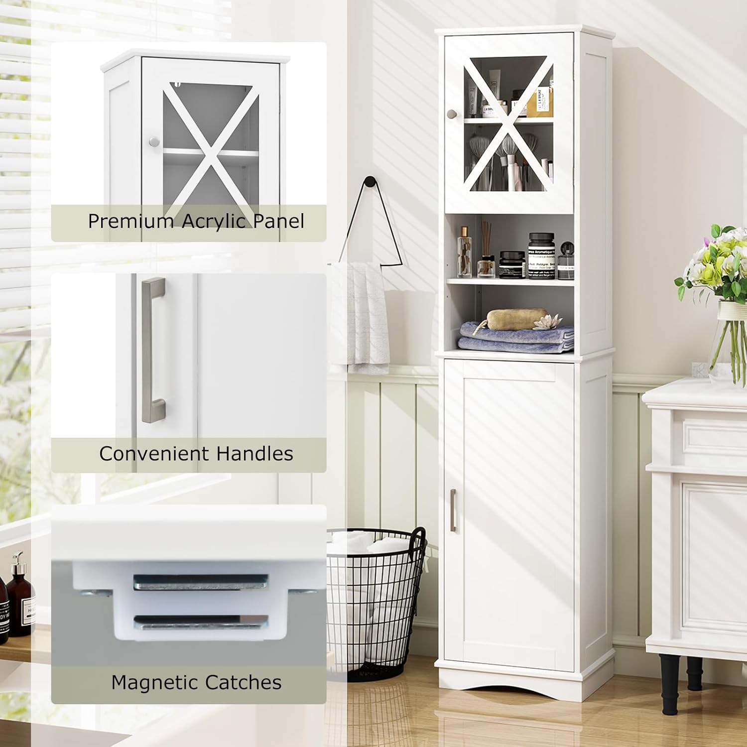 White Tallboy Bathroom Cupboard Open Shelf Storage Cabinet