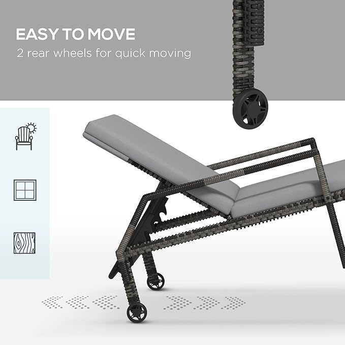 PE Rattan Sun Lounger Recliner 5 Position with Wheels Grey