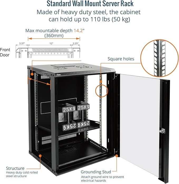 15U Wall Mount Server Cabinet 450mm Glass Door Black