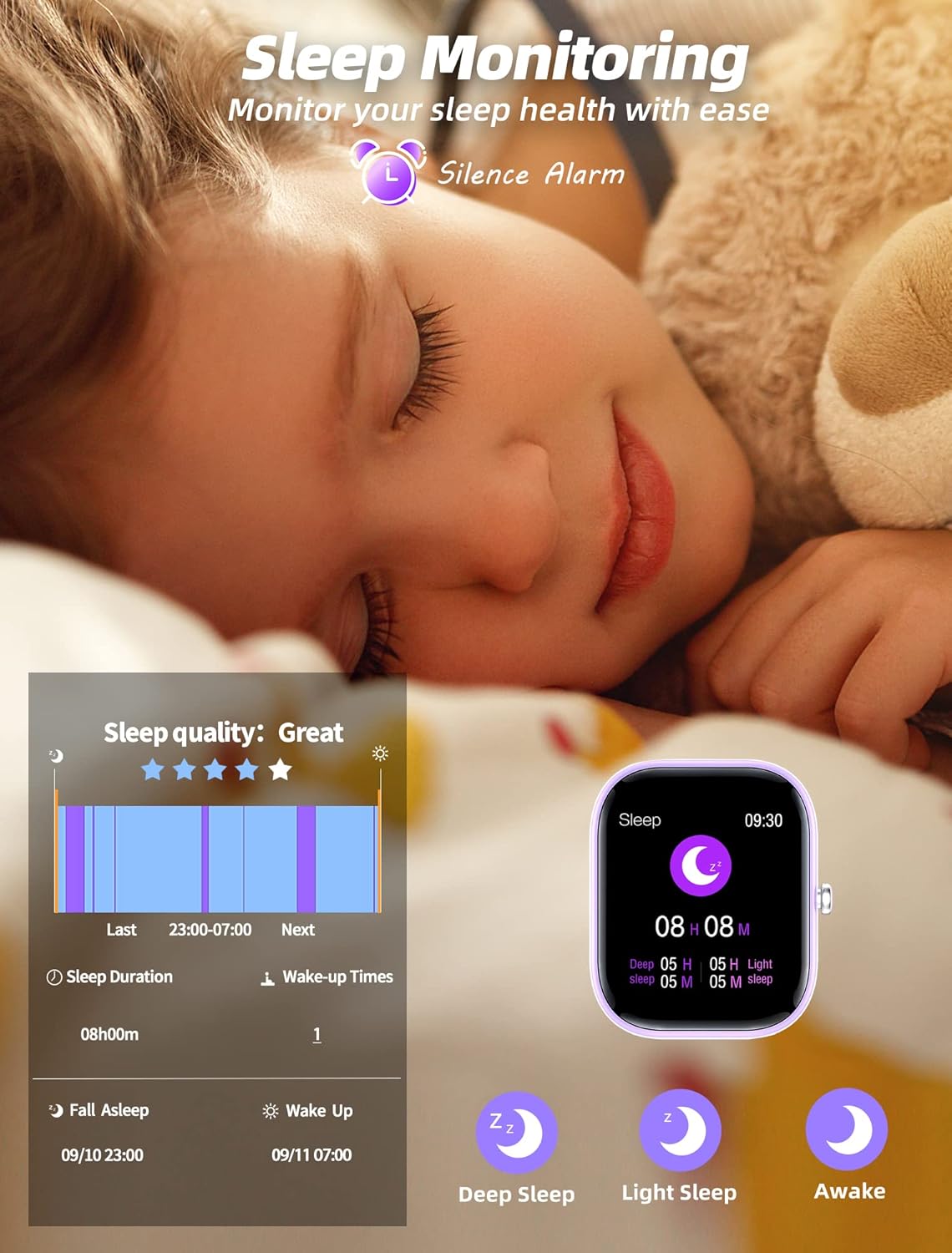 Kids Smart Watch Purple Fitness Tracker Heart Rate Sleep