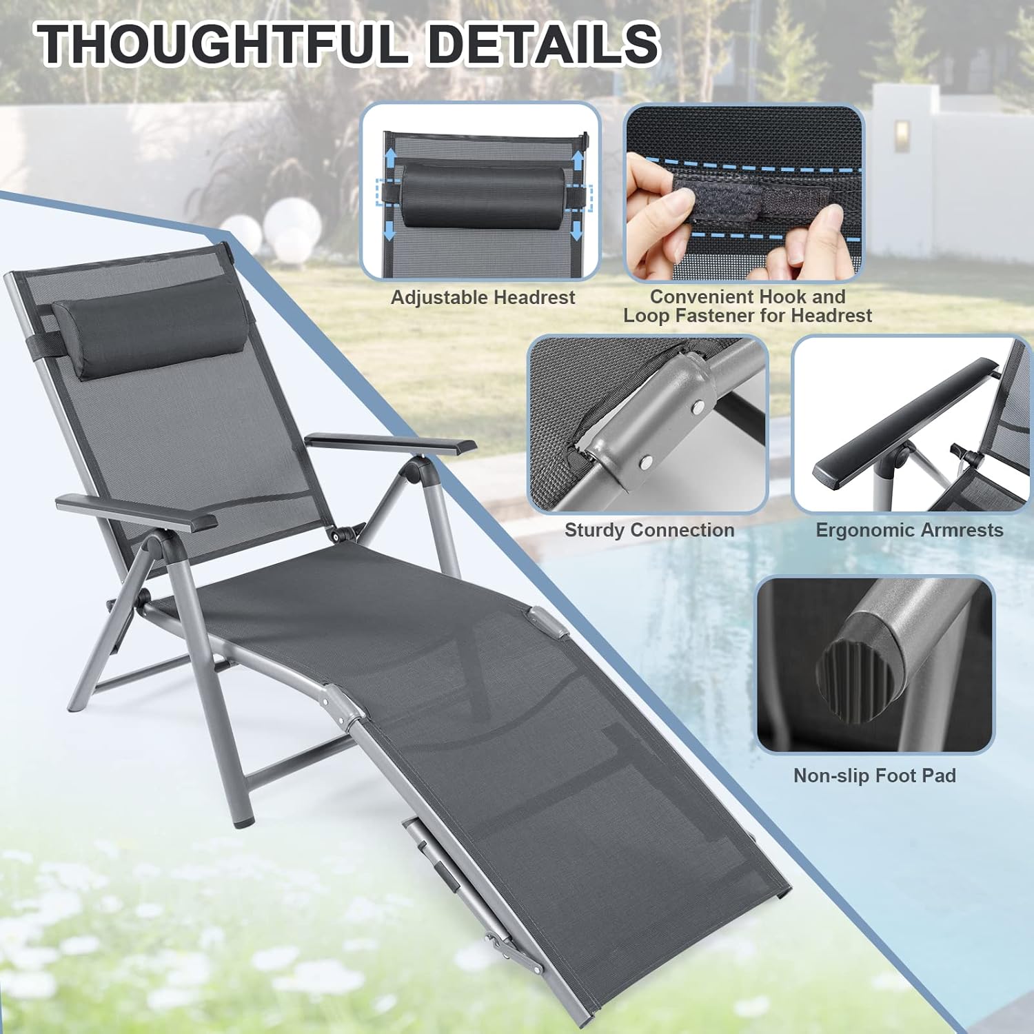 Folding Sun Lounger Reclining Chair 8 Position Aluminium Grey