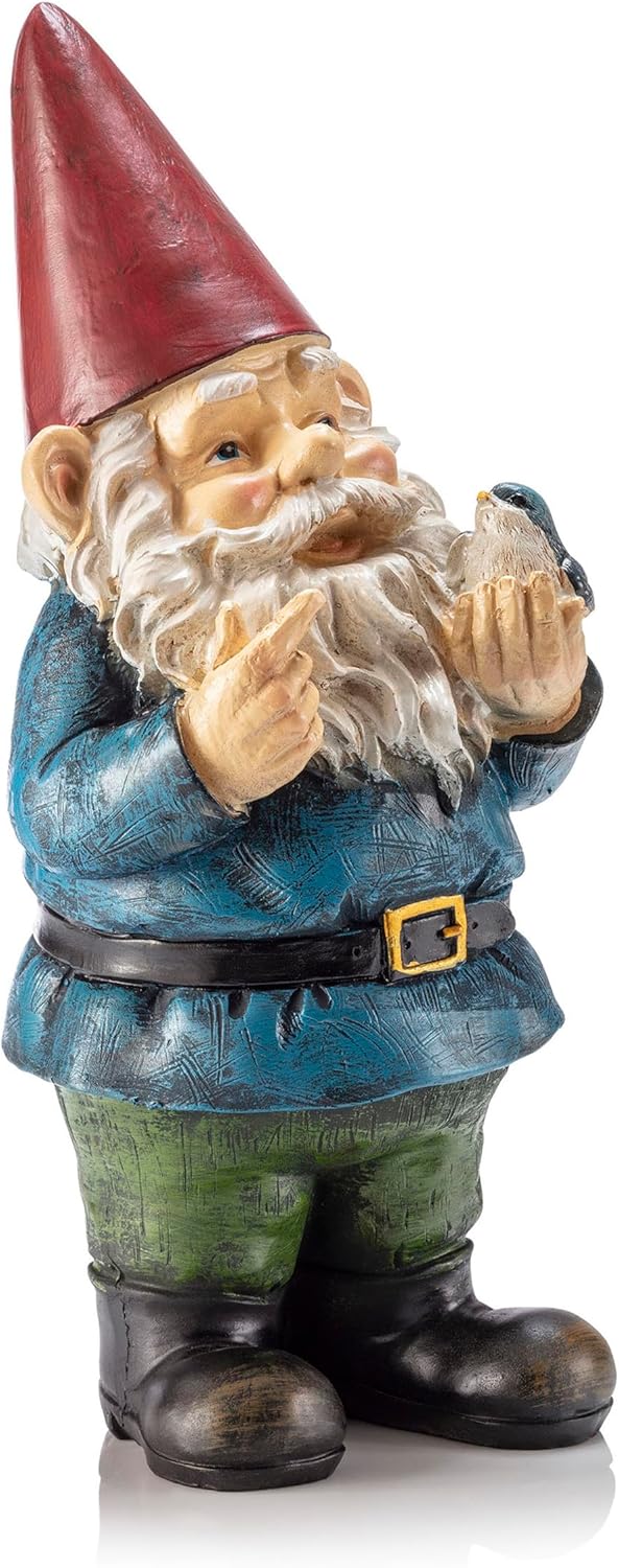 Garden Gnome Statue with Bird Resin Outdoor Yard Decor 30cm