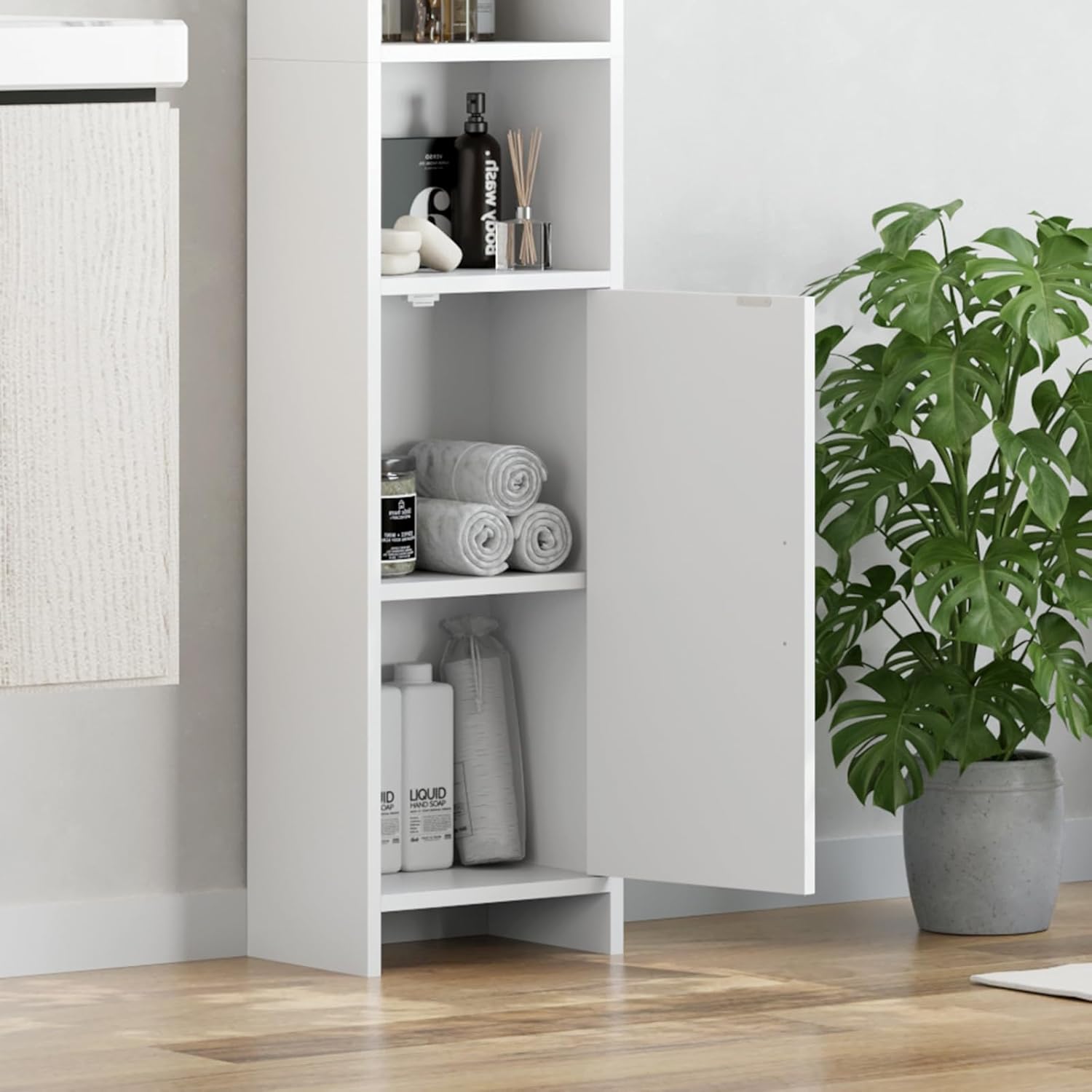 Tall Slim Bathroom Storage Cabinet 2 Doors Open Shelves White