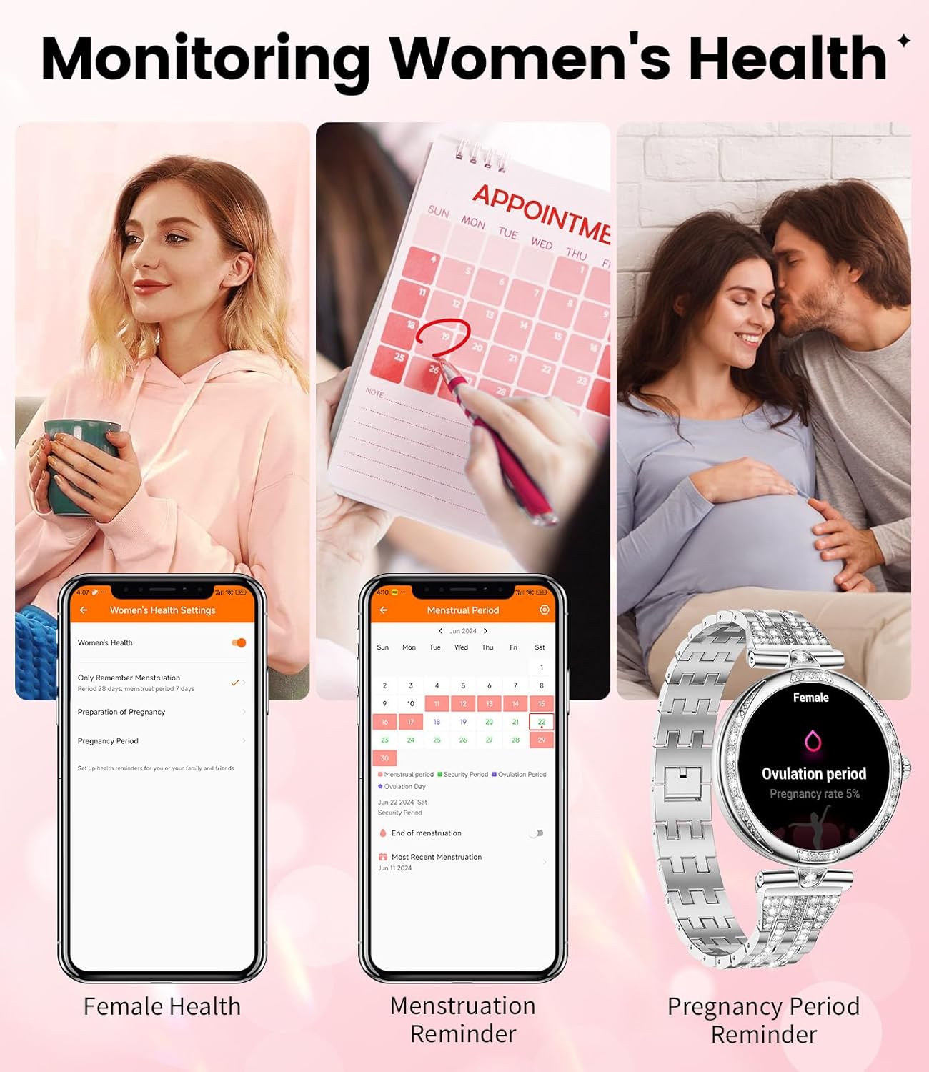 Silver Diamond Ladies Smart Watch Bluetooth Call AMOLED Watch
